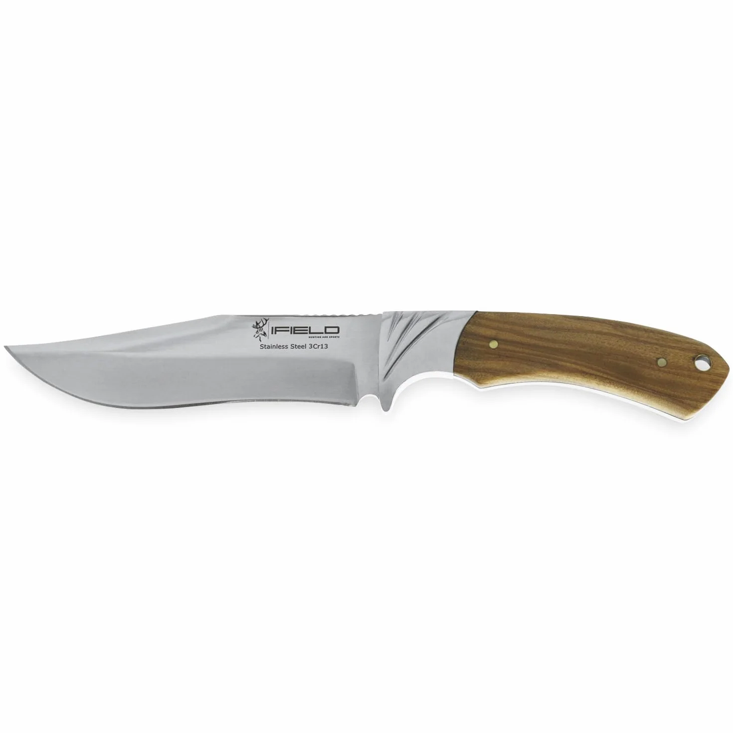 iFIELD Cuchillo de caza Camper EL29014, mango Olivo, hoja 14 cm, total 26 cm, virola acero, funda piel marrón