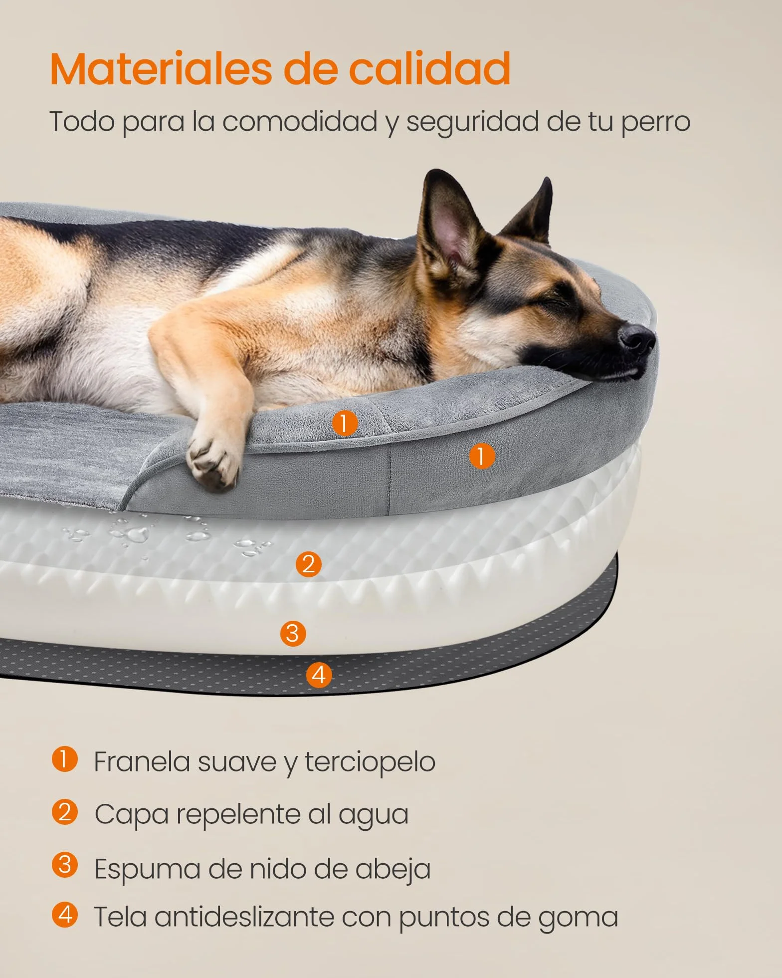 Feandrea Cama para Perros Extra Grandes, 122 x 85 x 18 cm, Ortopédica, Espuma de Nido de Abeja, Forro Repelente al Agua, Bordes Elevados, Funda Extraíble y Lavable, Gris Claro PGW284G01