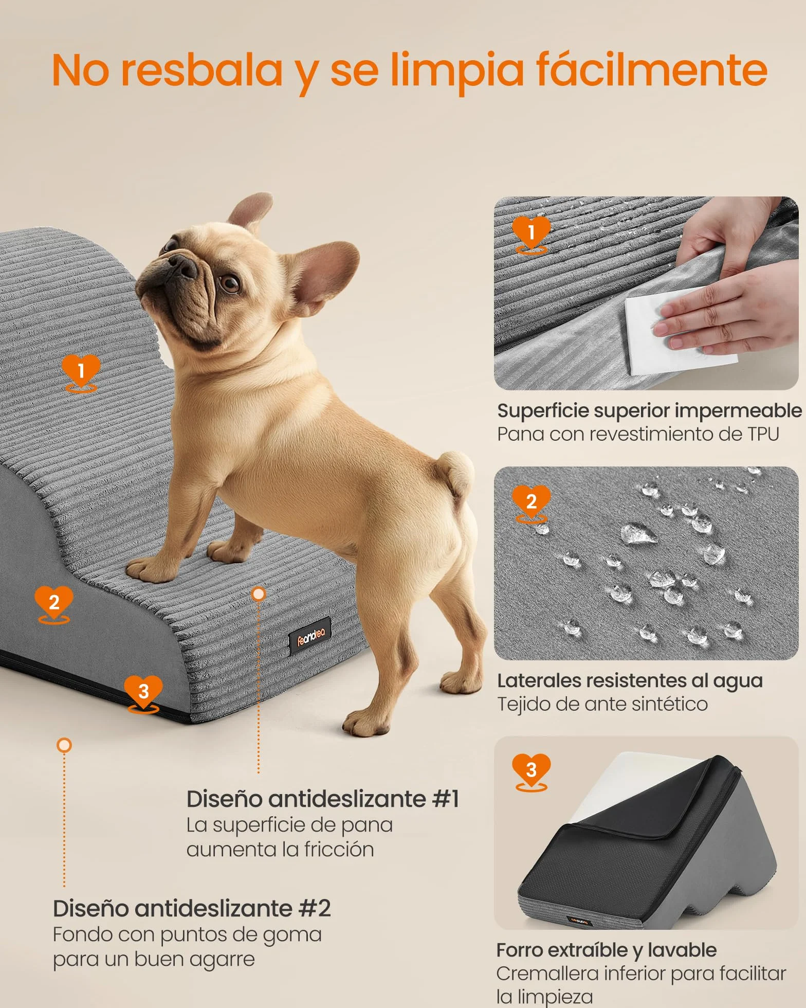 Feandrea Escalera para Perros de 3 Peldaños, para Cama, Sofá, Impermeable con Diseño Antideslizante, Pendiente Suave, Cubierta Lavable Extraíble, Asa, Gris Paloma PPS003G01