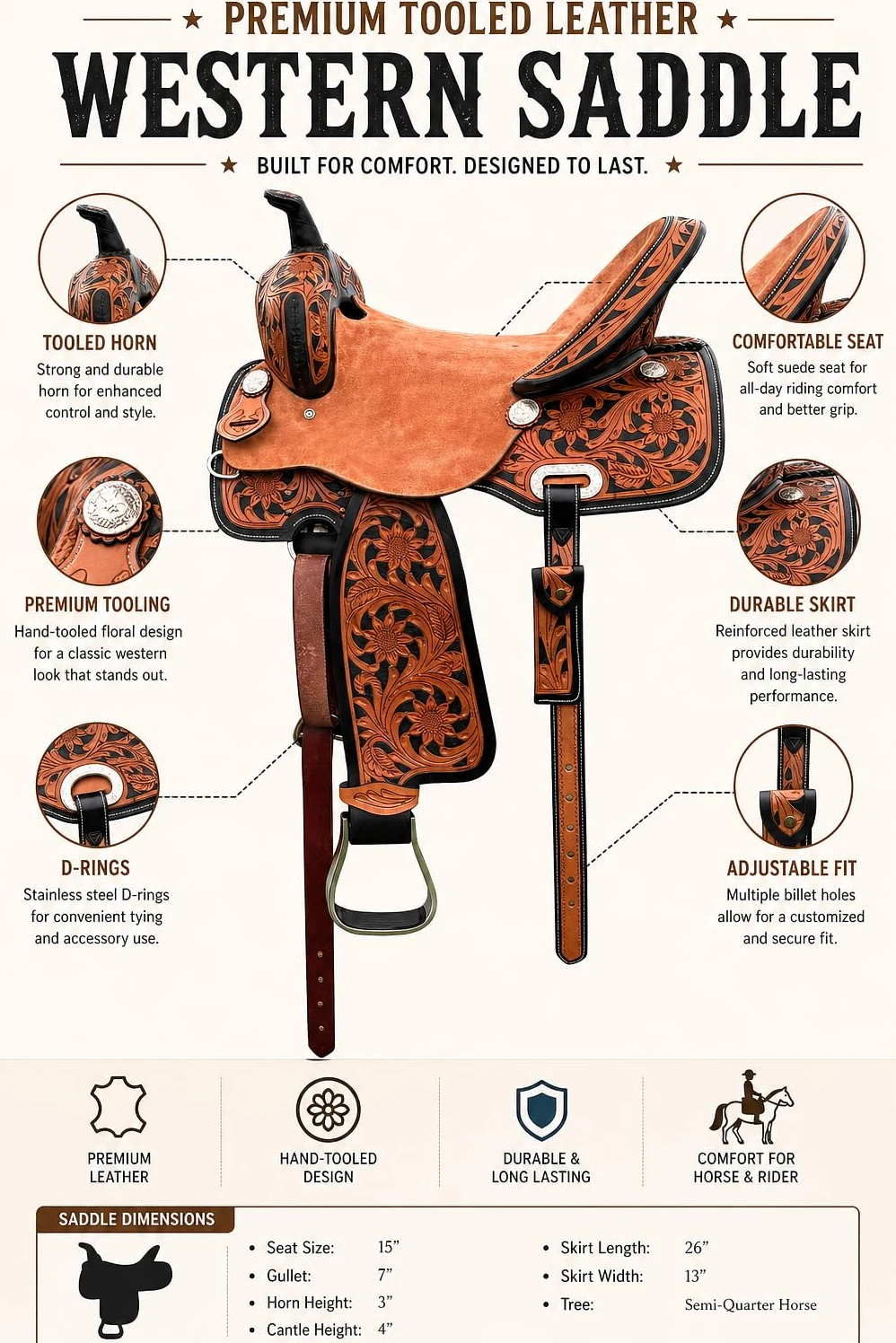 Western Horse Saddle - Juego de tachuelas de cuero, estribos ajustables hechos a mano y aparejo duradero, para montar en senderos, ranchos y placer (10 a 18 pulgadas) ST-258