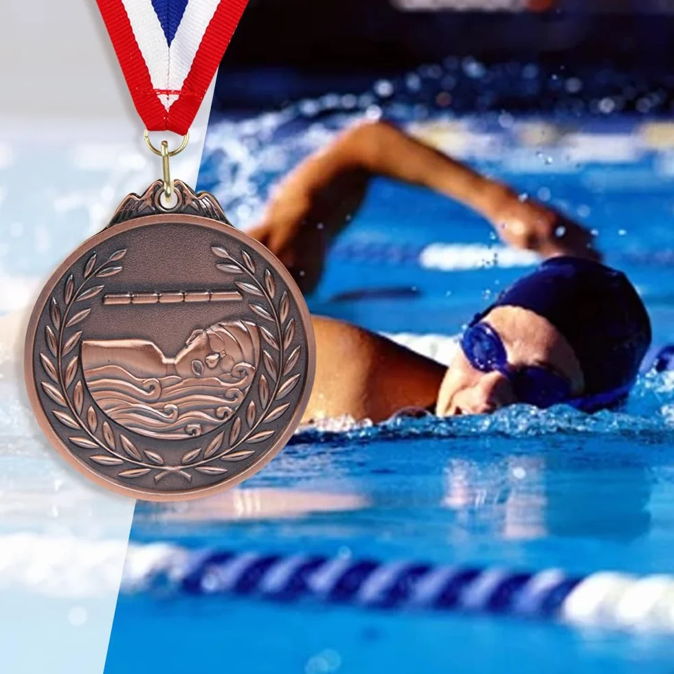 Medalla de natación 6,5 cm Recompensas Deportivas Cinta Cuello Metal Oro Plata Bronce Competiciones