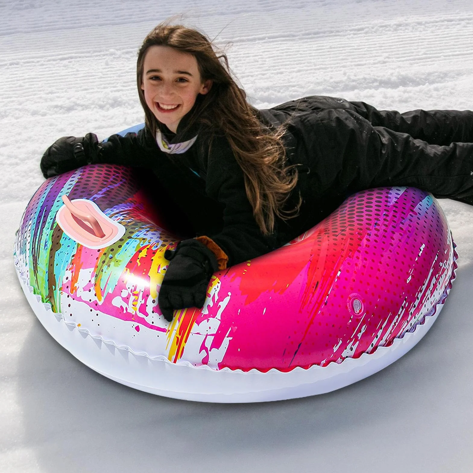 Trineo inflable 87 cm con asas, anillo de nieve engrosado antivuelco para adultos y niños