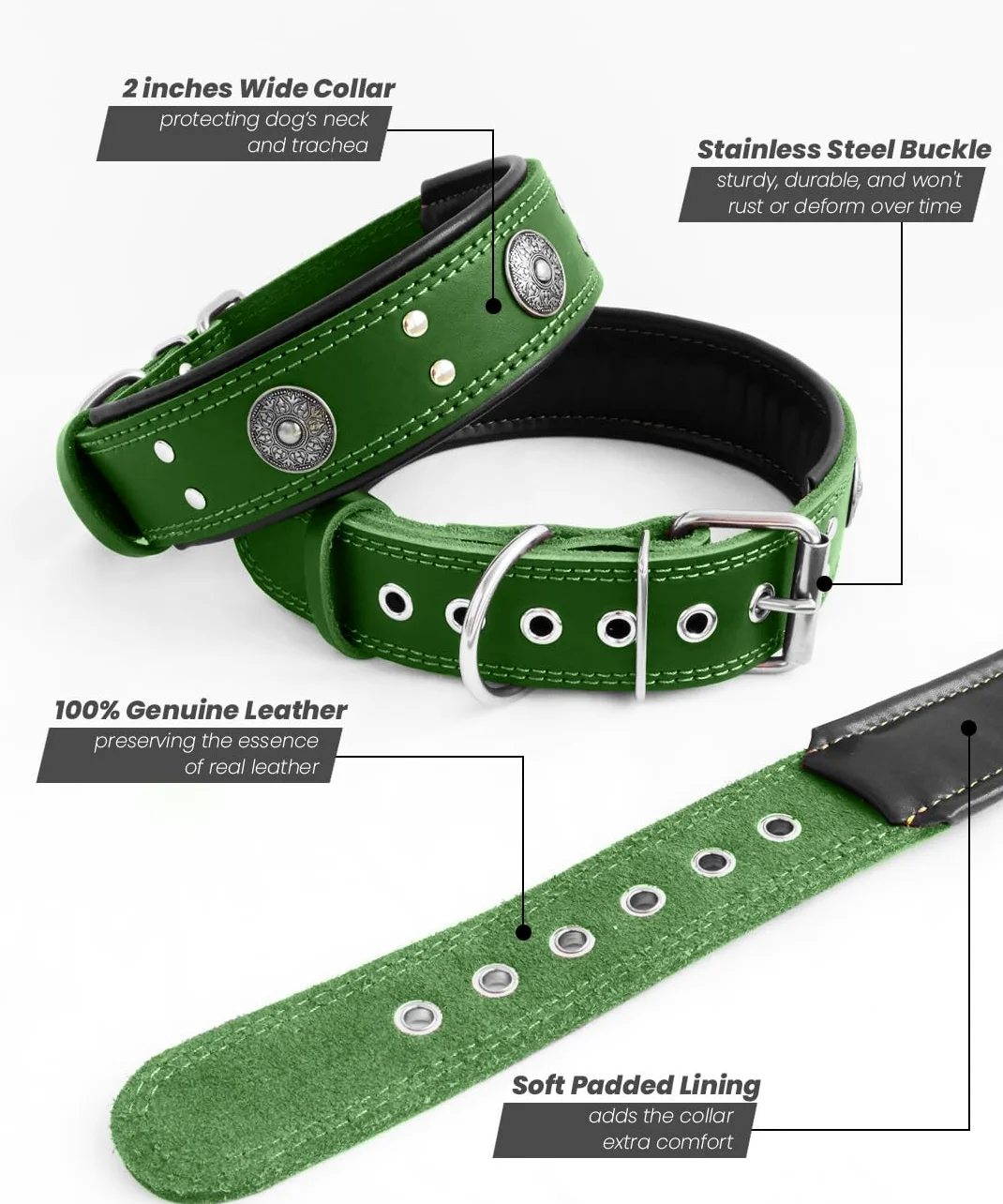 Collar de Cuero para Perro, Collares de Cuero Genuino Resistente de 5 cm de Ancho, Hecho a Mano, Suave y Lujoso, la Mejor opción para Perros de Raza Grande y Media, Color Verde, 22.5-26.5 Pulgadas