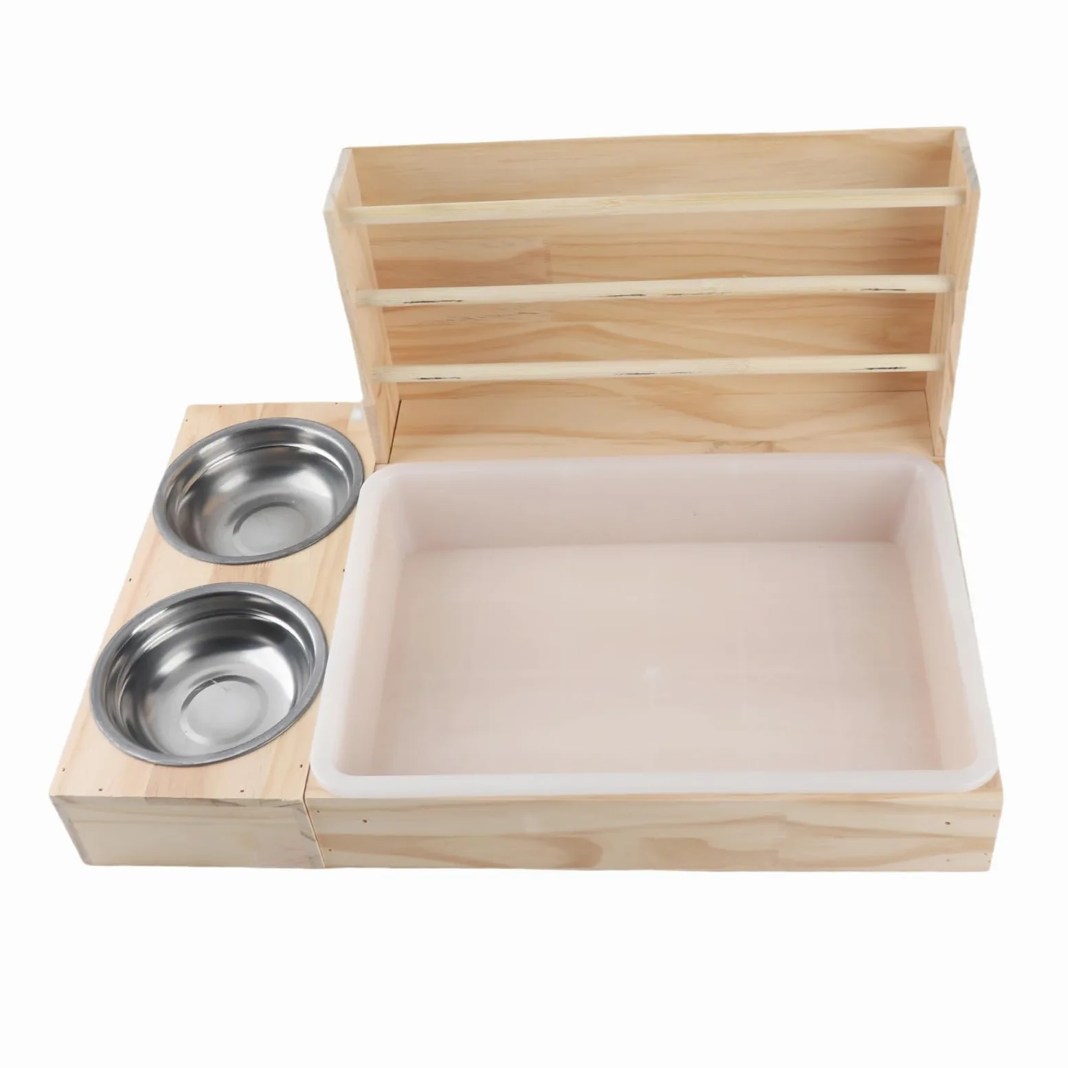 JTLB Comedero para heno 3 en 1 de madera con bandeja de para gatos y 2 comederos, gran capacidad, para cobayas, conejos y animales pequeños