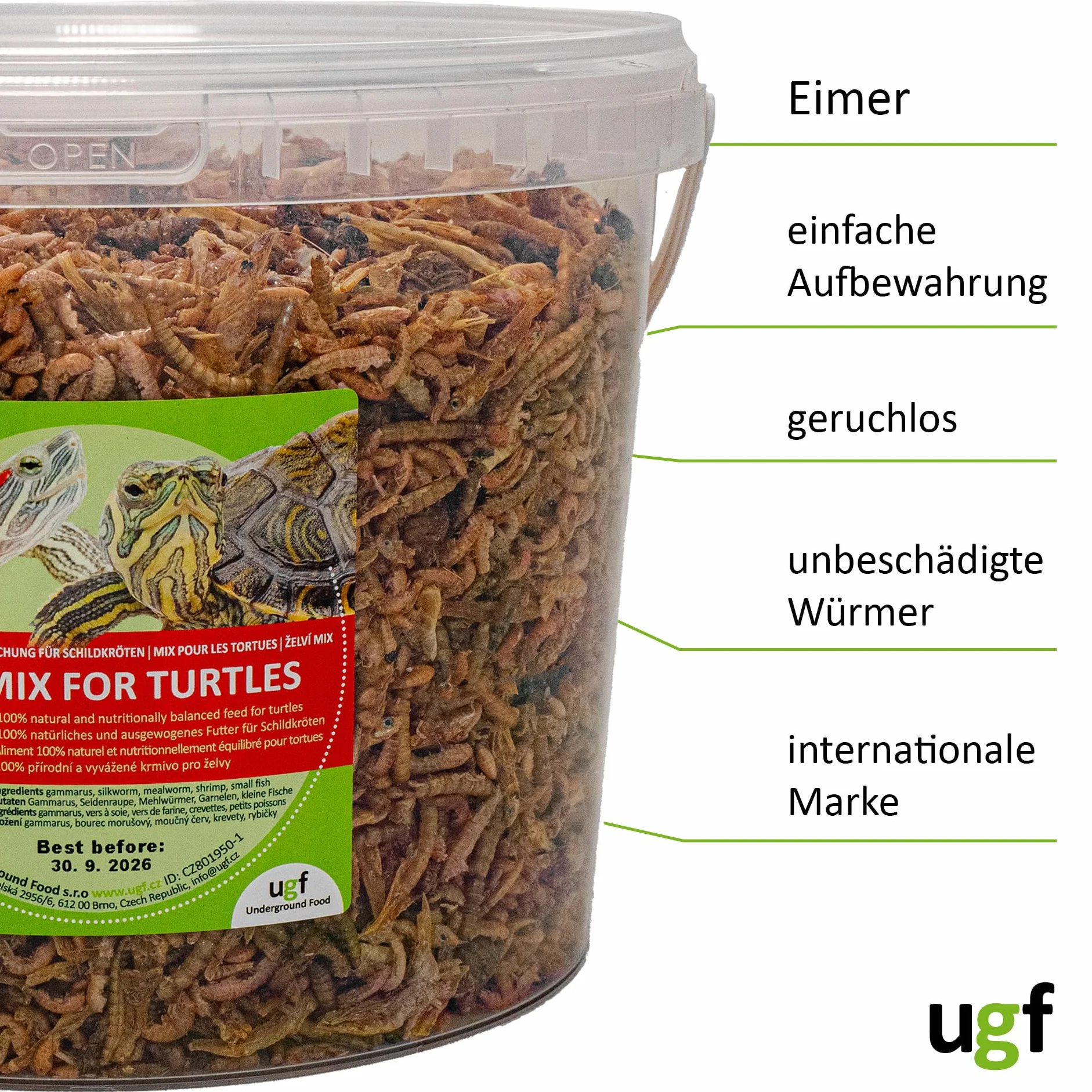 UGF - Mezcla Universal de alimento para Tortugas - 500 g en un Cubo de 3 litros, alimento equilibrado para Tortugas, gammarus, Gusanos de Seda, Gusanos de la harina, camarones y Pescado seco