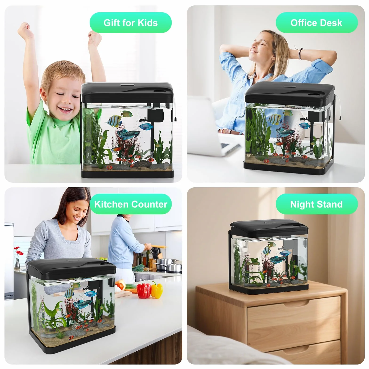 10L Acuario de Cristal, Ambesty Acuarios y Peceras Completas,Pecera con Sistema de Filtrado Integrado e Iluminación LED,Bajo Ruido y Silencioso,Acuarios de Iniciación, Negro