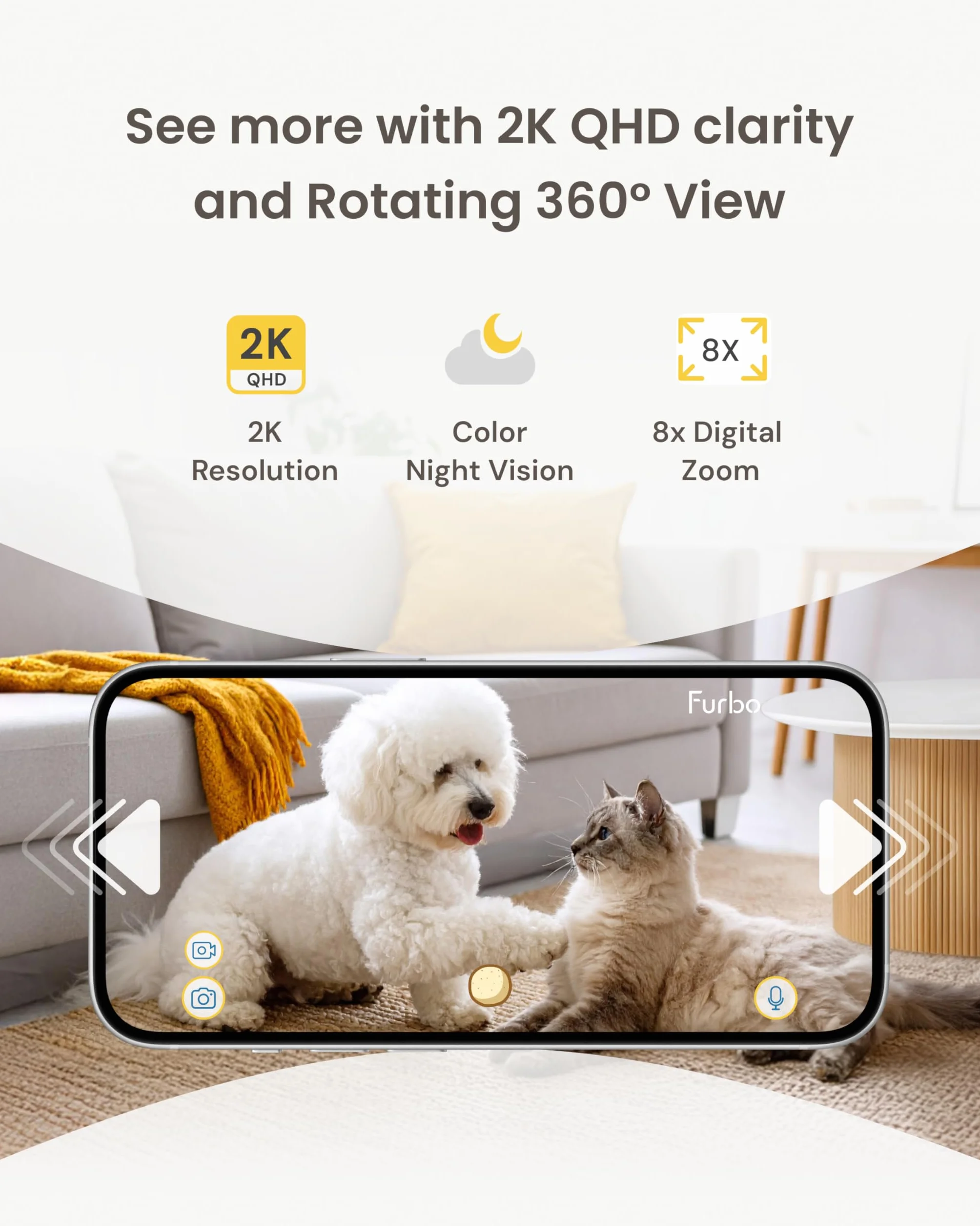 Furbo Mini cámara para Mascotas de 360°: cámara de Seguridad para el hogar, dispensador Giratorio de golosinas con aplicación de teléfono, cámara Interior Inteligente con Altavoz de 2 vías y visión
