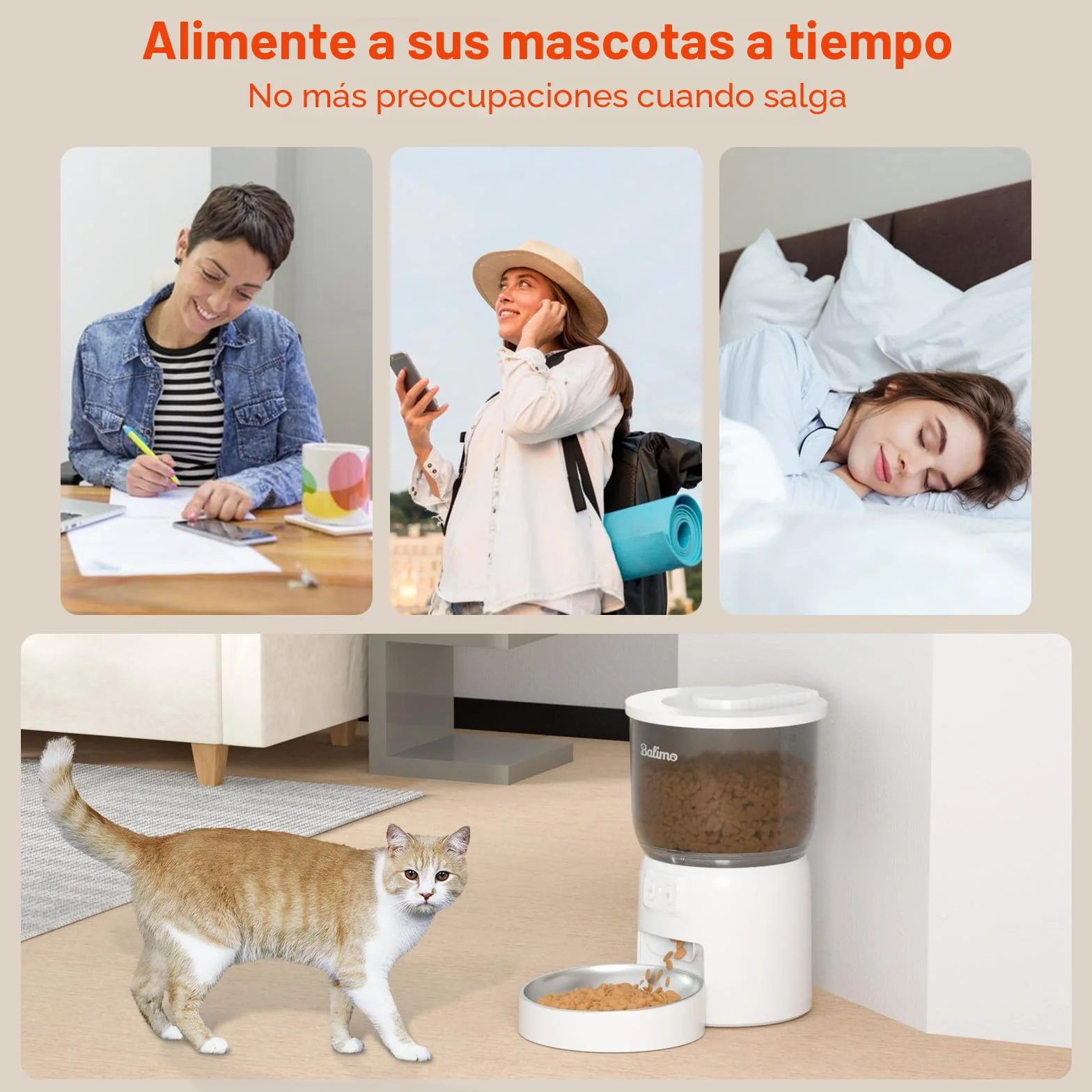 Balimo Comedero Gato Automatico 2.4G WiFi, 3L Dispensador Comida Gatos y Perros con Control de la Aplicación, 10 Comidas por Día, Cuenco de Acero Inoxidable, Blanco