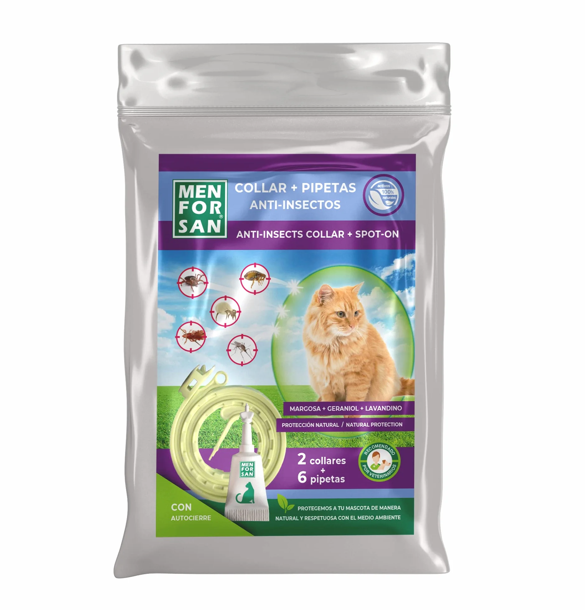 MENFORSAN Pack Mix de Collares y Pipetas Anti-Insectos para Gatos, Incluye 2 Collares y 6 Pipetas, en Bolsa Autocierre