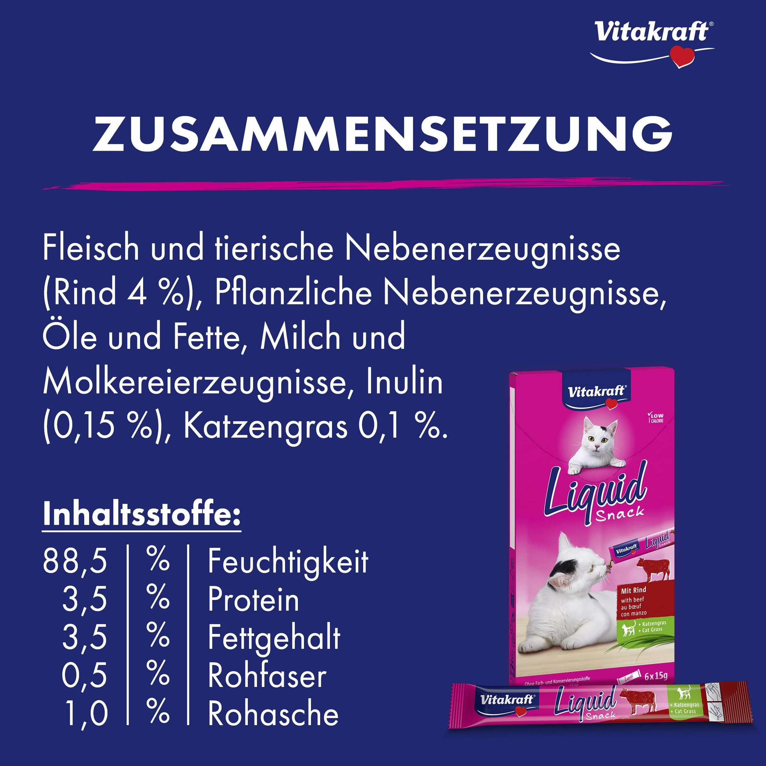 Vitakraft Liquid Snack, golosina para Gatos, Snack cremoso para Gatos, con Carne de Vacuno y Hierba para Gatos, en bolsitas Individuales, para una Flora intestinal Sana (1 Paquete con 6X 15g)