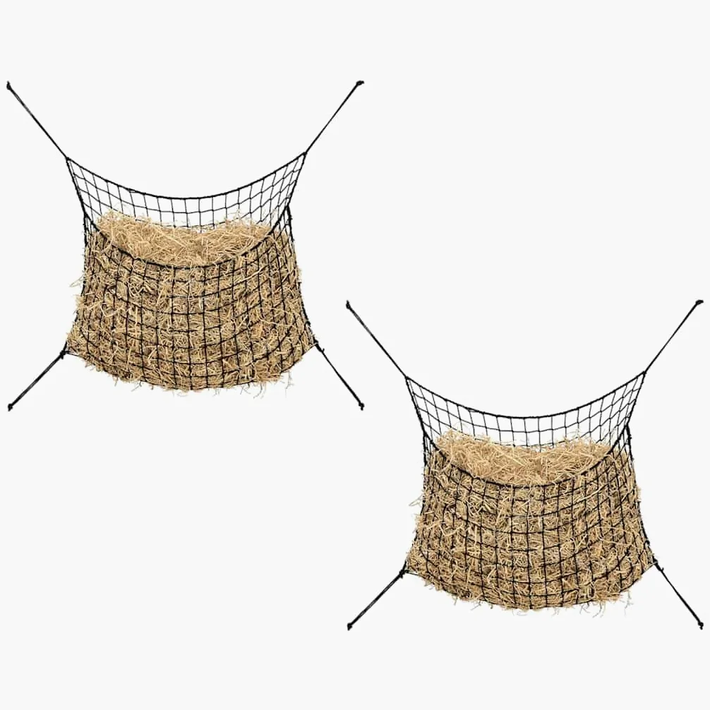 Redes de heno para caballos y ponis, redondas, 1 x 1 m, hechas de 100% polipropileno, resistentes a la intemperie, con malla de 45 x 45 mm, paquete de 2, absorción lenta para reducir la pérdida de