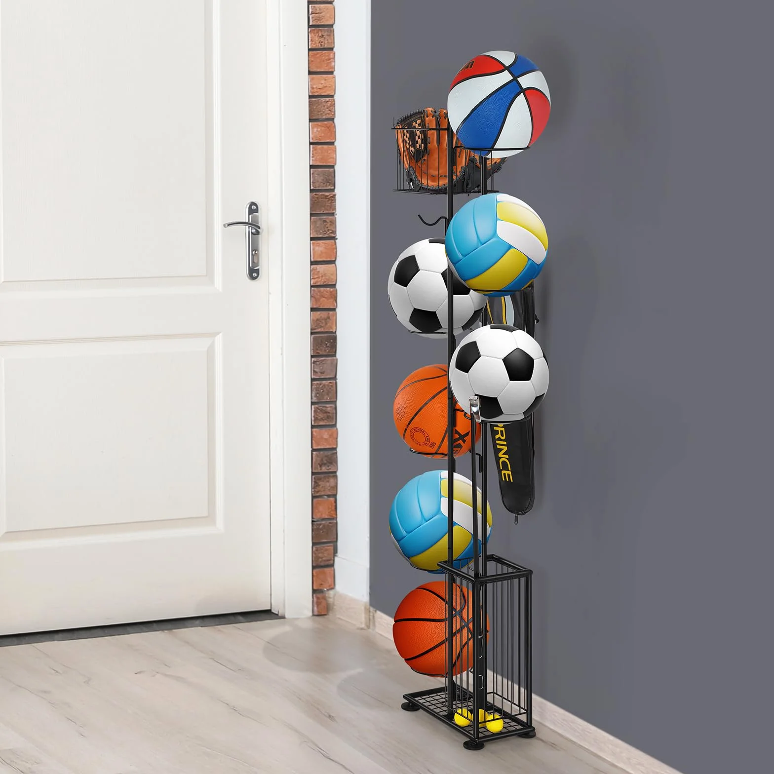 Soporte para bolas 7 niveles, estantería de almacenamiento vertical para baloncesto, fútbol, rugby, voleibol, fútbol (Negro)
