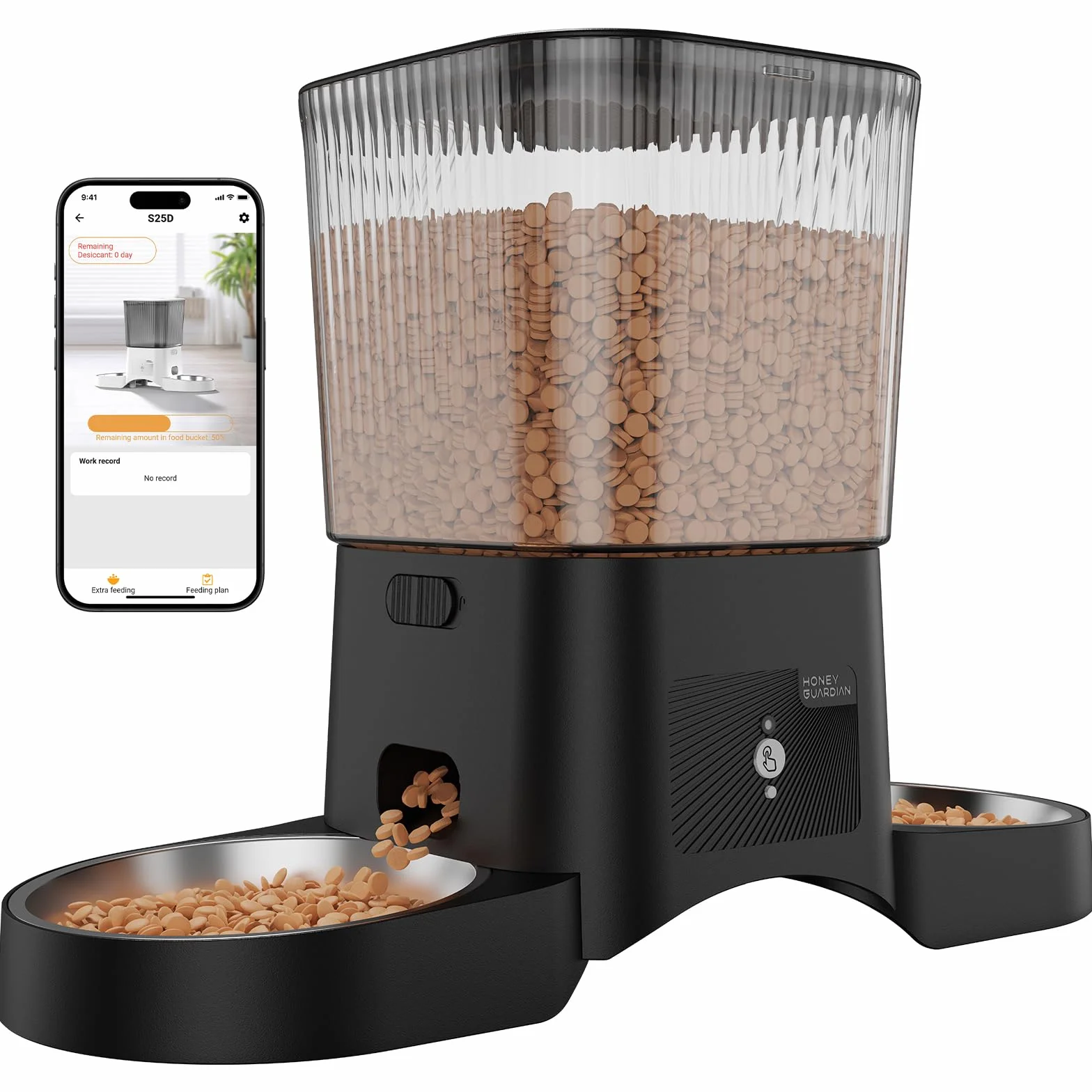 HONEYGUARDIAN Comedero Automático Gatos 2 Tazones, 5G/2.4G WiFi Dispensador Comida Gatos/Perros Automático, Control de App, 4 Pies Antideslizantes, 1-6 Comidas/día, Múltiples Mascotas, 3.5L Doble