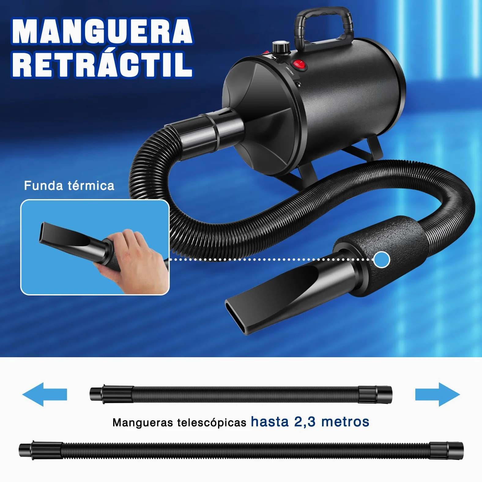 2800W Secador de pelo para mascotasSecador de pelo de bajo nivel de ruido, velocidad continua, temperatura ajustable, 2,5 m de manguera flexible con 4 boquillas