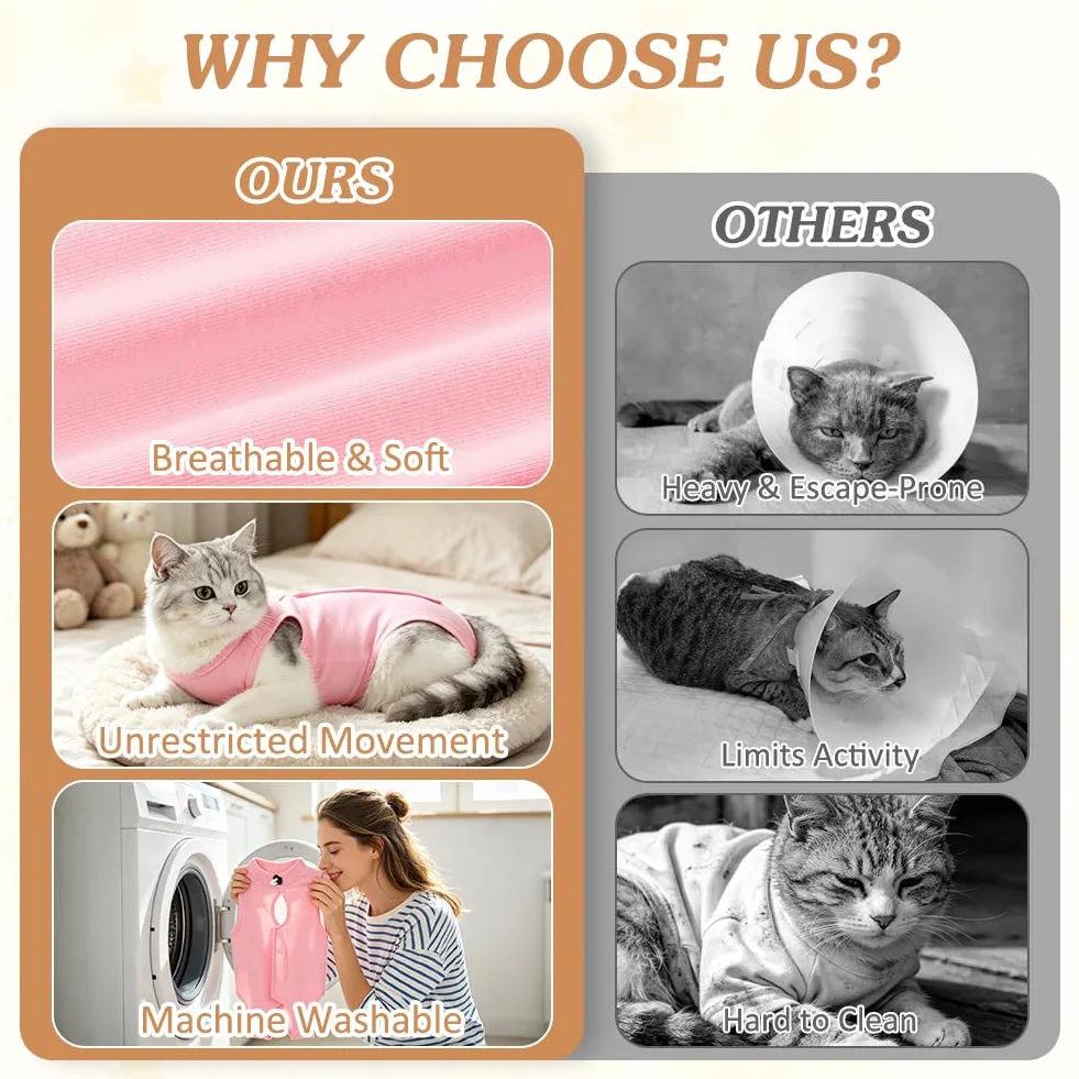 OFFCUP 2 Piezas Body de Recuperación para Gatos, Gatos Postoperatorio Hembra para Evitar Que se Laman Las Heridas, Suave y Cómodo, Gata Camiseta de Recuperación, Rosa, Talla M