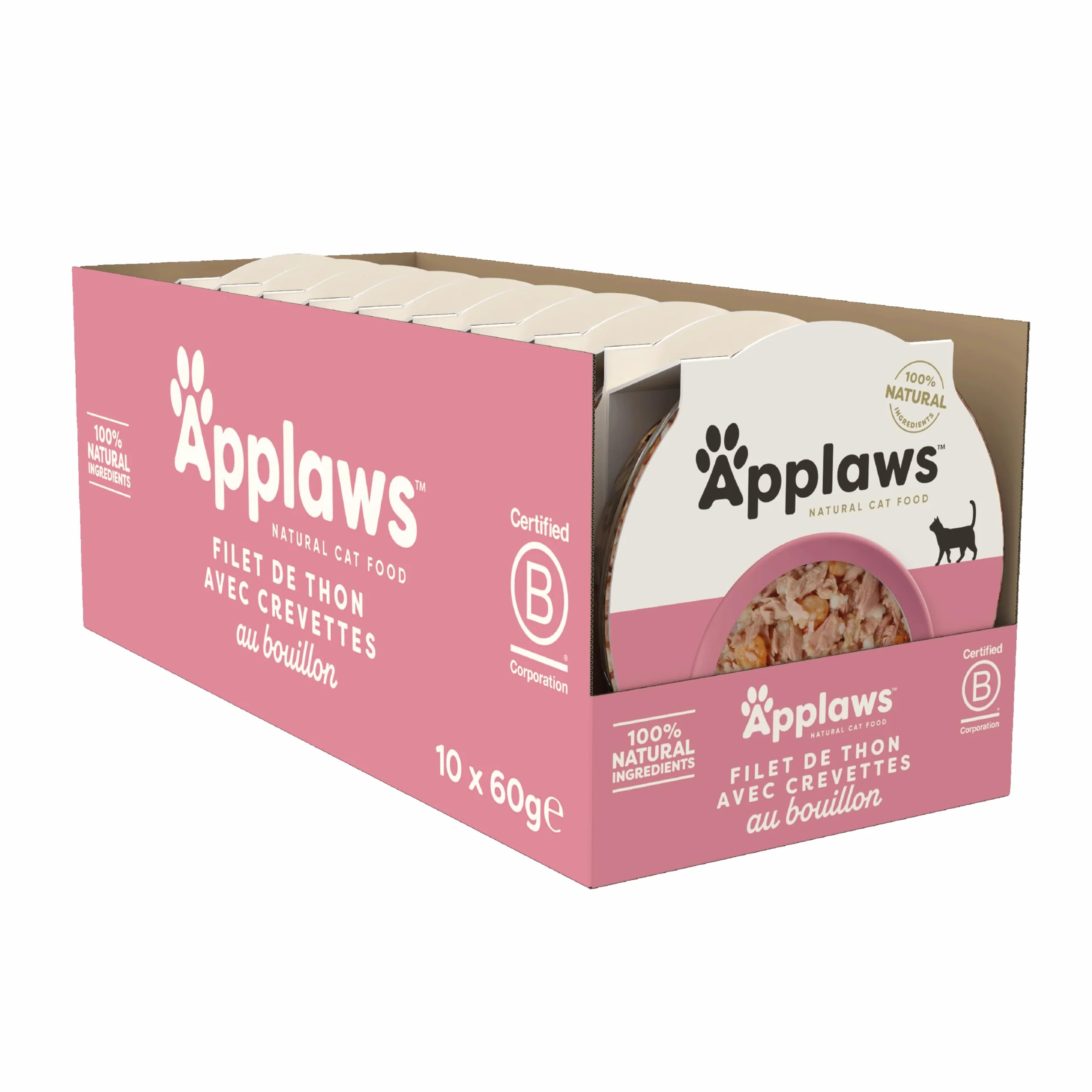 Applaws Comida para Gatos 100% Natural, Lujoso Filete de Atún con Langostinos en Caldo, 10 tarrinas de 60g