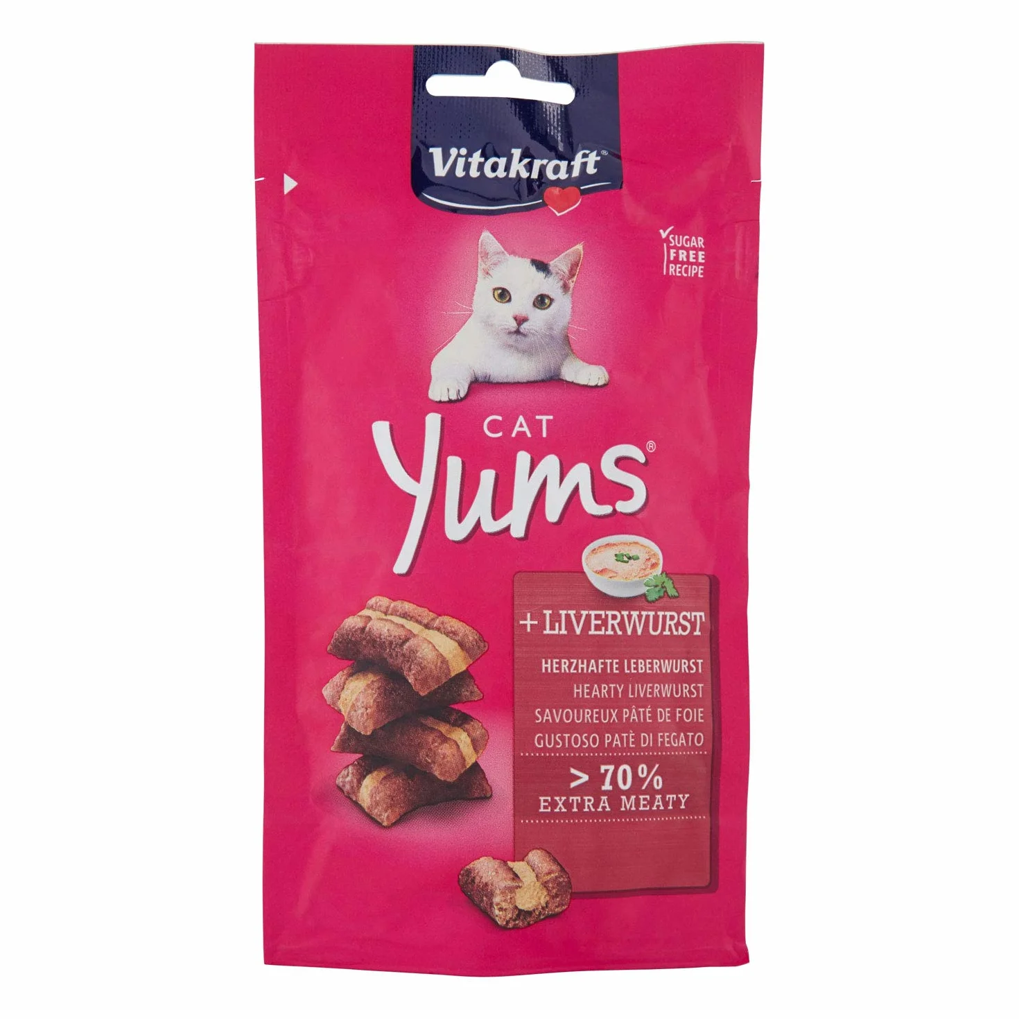 Vitakraft Cat YUMS, golosina para Gatos, Snack Blando para Gatos Relleno de Salchicha de hígado, en Bolsa resellable, sin azúcar añadido (1x 40g)