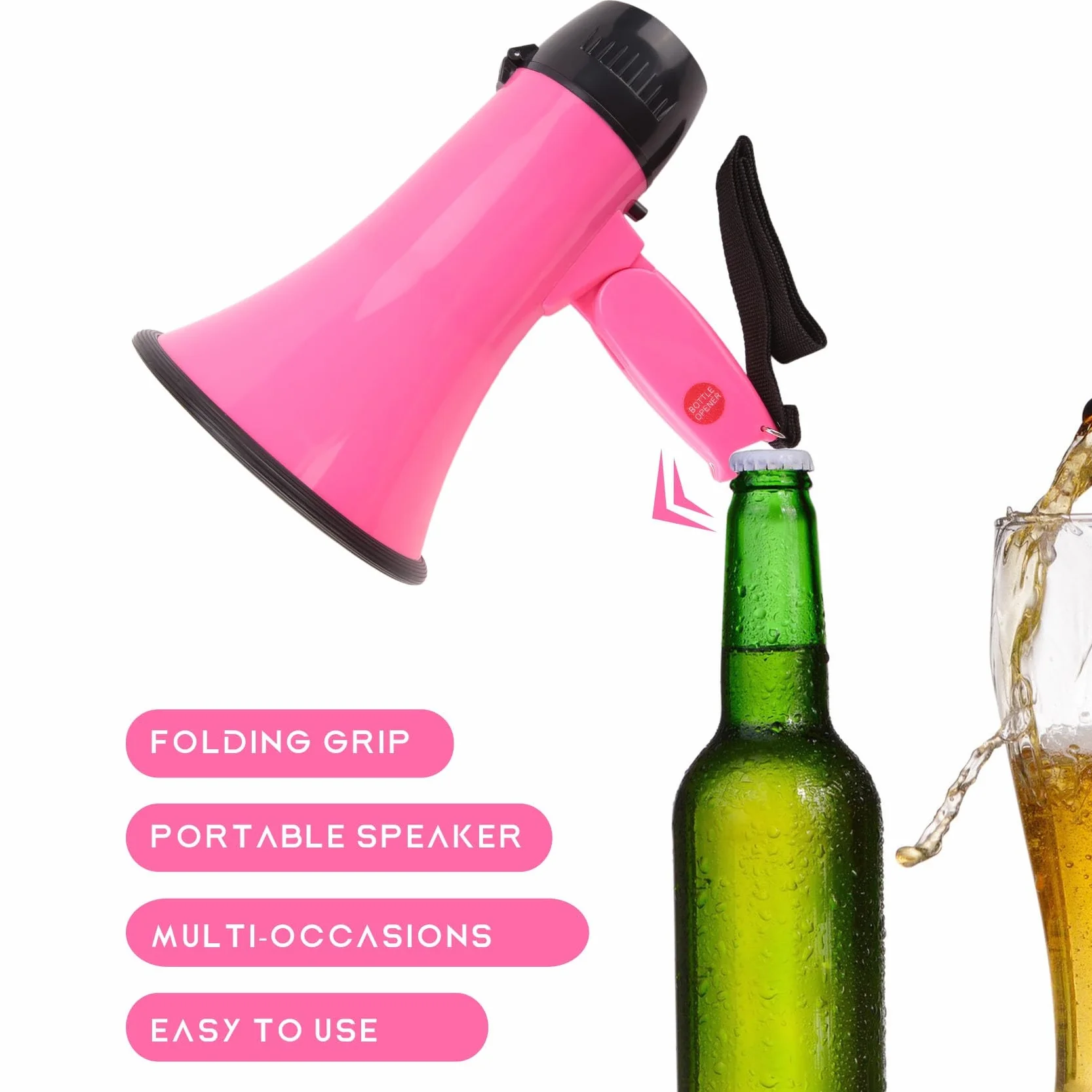 Altavoz Megáfono PA Bullhorn 25W Sirena Grabadora Voz Abrebotellas Rosa