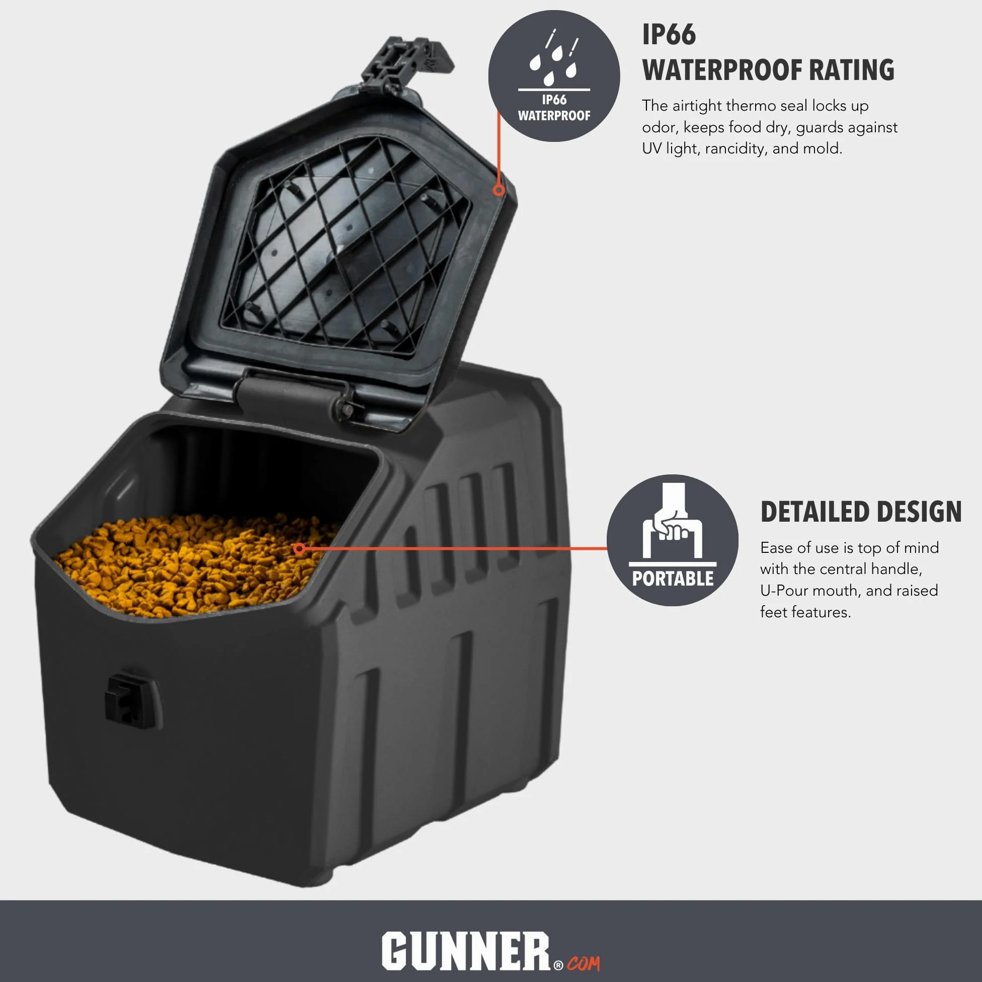 GUNNER Contenedor de almacenamiento de alimentos para perros de 30 libras, impermeable y hermético para mascotas, contenedor multiusos para alimentos secos, maíz, alimentación de pollo, golosinas,