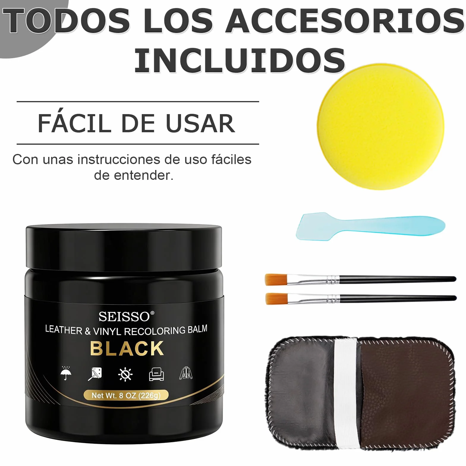 SEISSO Juego de Reparación de Cuero, 200 g, Crema de Reparación de Cuero, Restaurador de Cuero, para Cinturones, Zapatos, Asientos de Coche, Sofás (Negro)