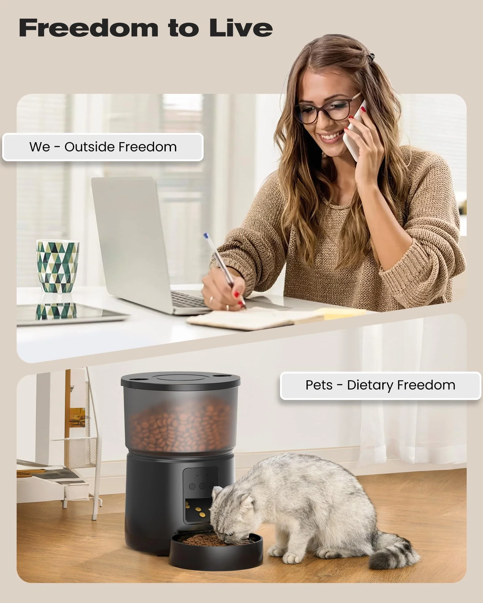 Comedero Gato Automatico - 5G/2.4G WiFi Dispensador Comida Gatos - Comedero Automatico Gato Conectar App - Alimentación a Distancia - 1-10 Comidas al Día - 10s Voz - Doble Alimentación - 3L