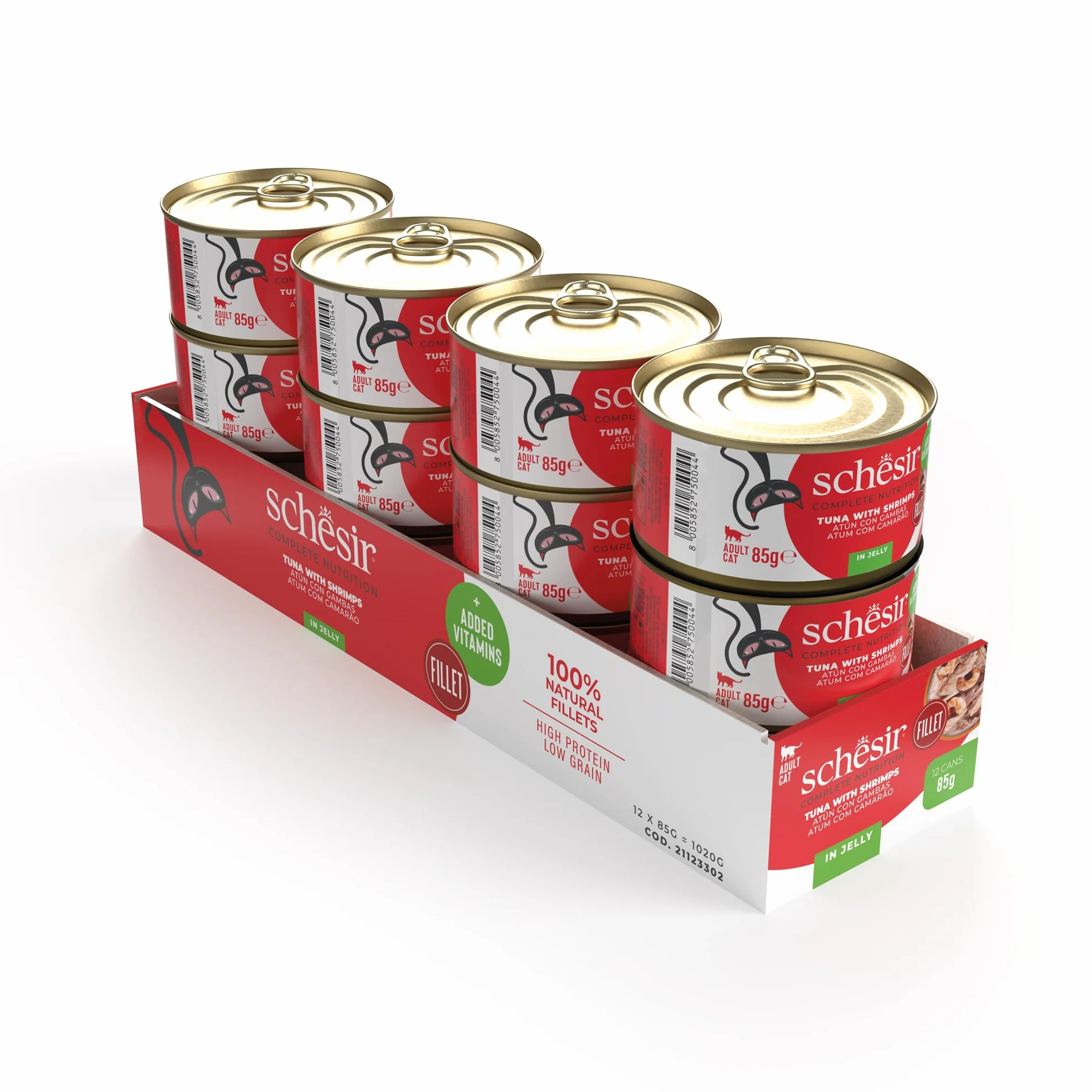 Schesir Atún con Gambas en Gelatina, Comida Húmeda para Gatos, en Latas, 100% Natural, con Vitaminas Añadidas, 12 x 85g