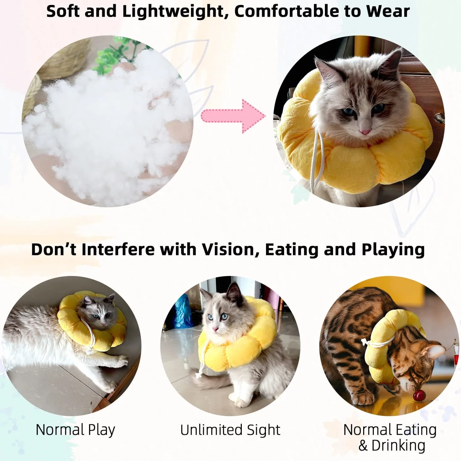 Collarín Gato Ajustable para Pequeños Animales después de Cirugía, Suave Girasol Restauración