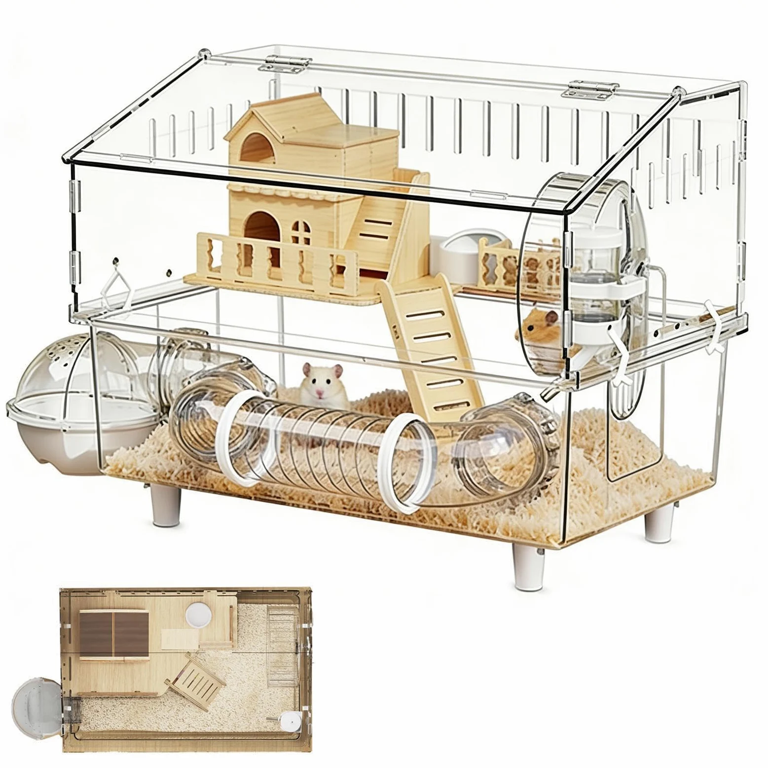 Jaula para Hámster Casa Transparente de 2 Niveles para Chinchilla | Jaula con Bebedero y Arenero Observación de Mascotas en Casa, Interior y Exterior