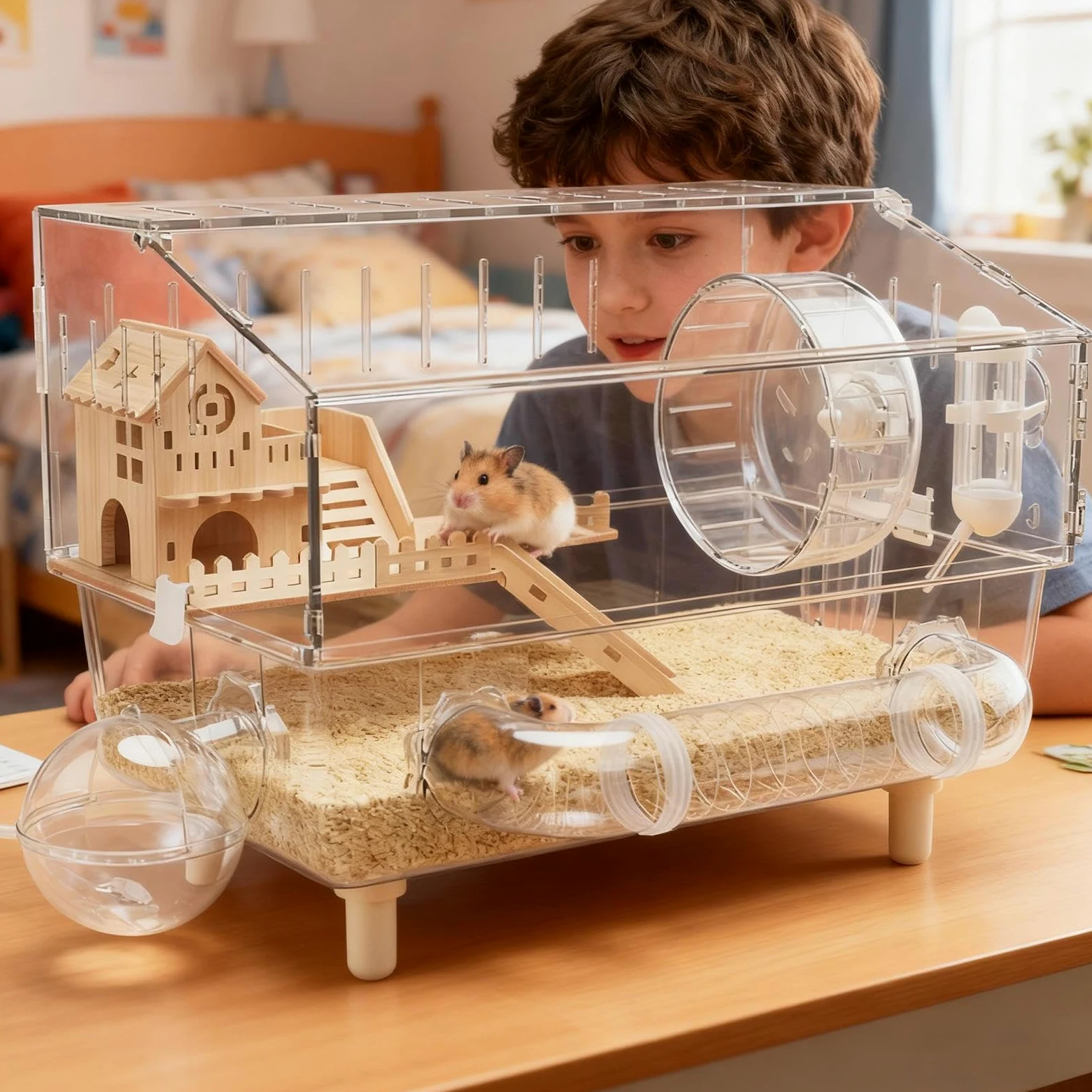 Jaula Para Hámster Hogar De Cría Transparente De 2 Niveles | Jaula para Hurón Acrílica de 45x28x34 centímetros Para Erizo Hurón Gerbo Chinchilla Mascotas Pequeñas Monitoreo
