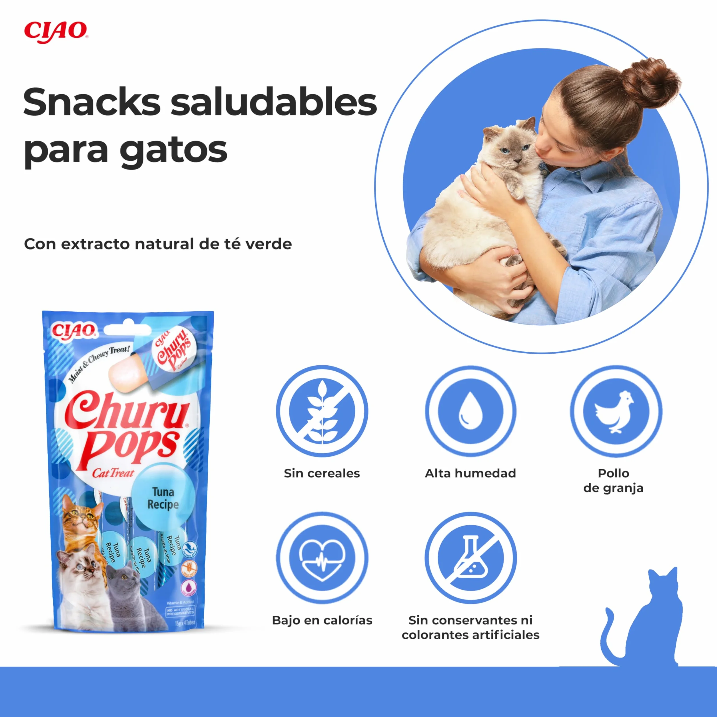 INABA Churu Pops Gatos - Deliciosos Snacks con Sabor a Atún - Golosinas en prácticas porciones - Saludables, sin Conservantes ni Colorantes Artificiales - Pack de 60g (4 x 15g)