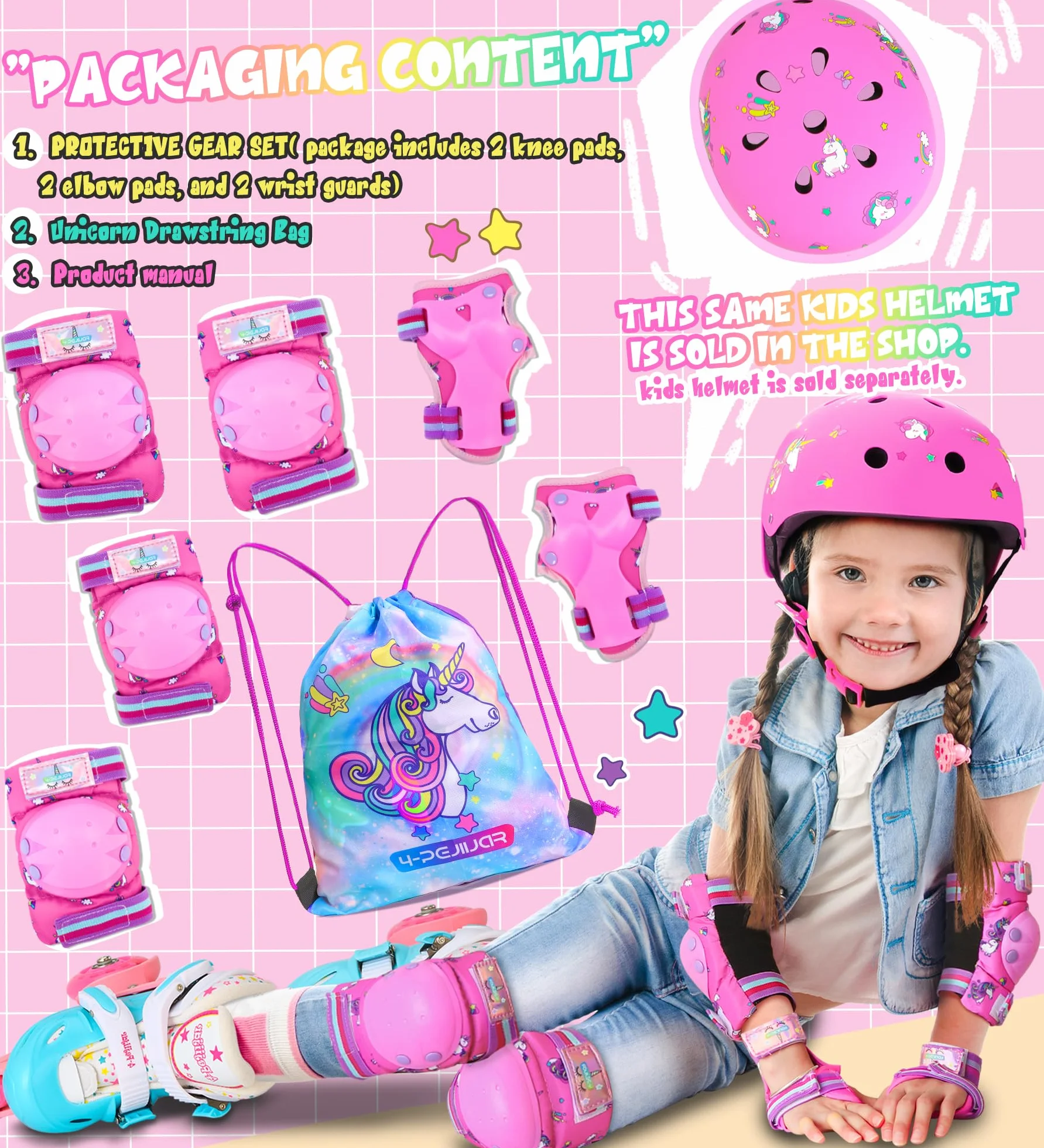 Unicornio Rodilleras Protección Patines Infantiles con Bolsa de Cordón para Patinaje Skateboard Bicicletas