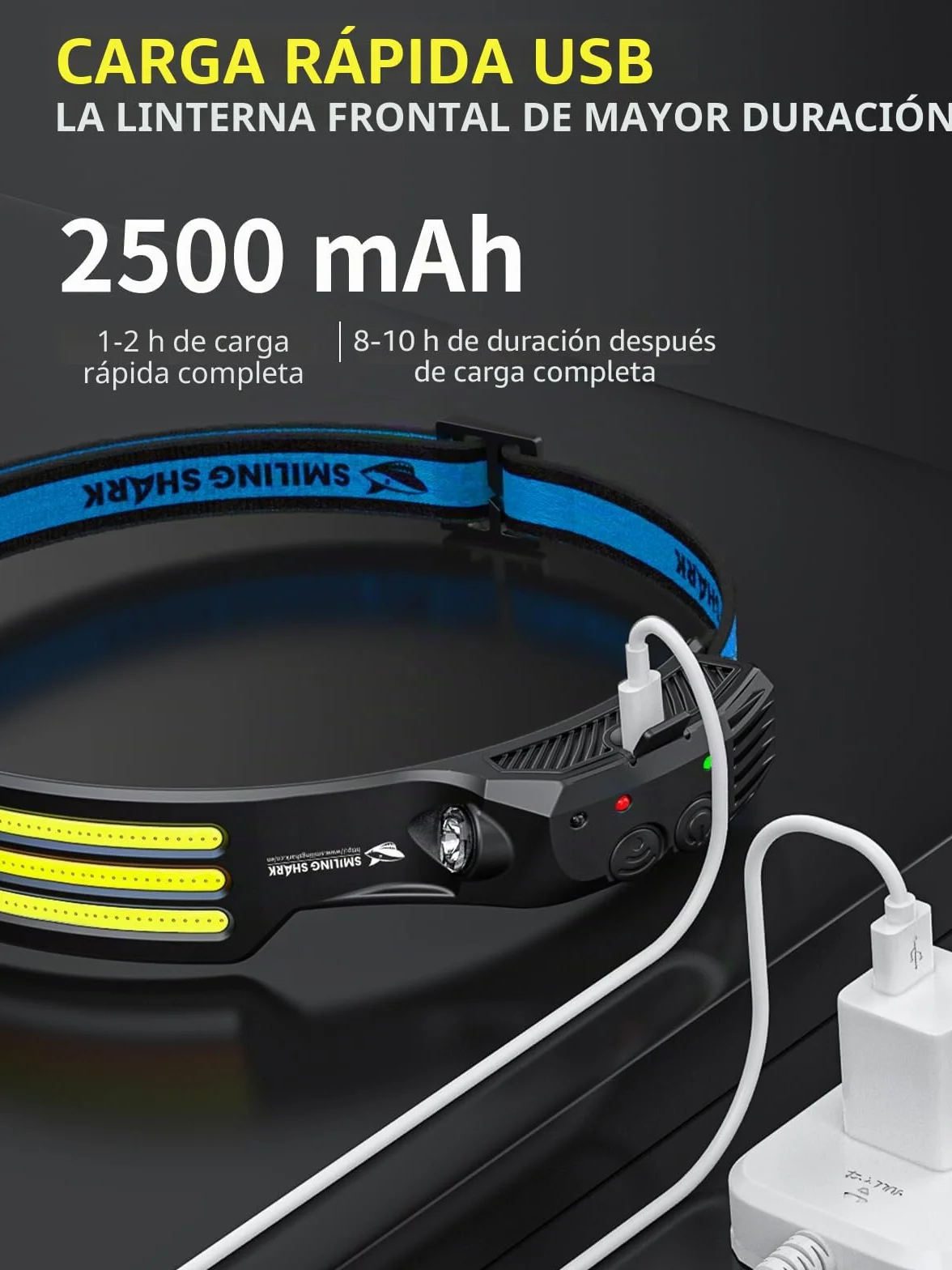 Smiling Shark Linterna Frontal LED 230° Gran Angular Recargable Impermeable con Sensor Movimiento