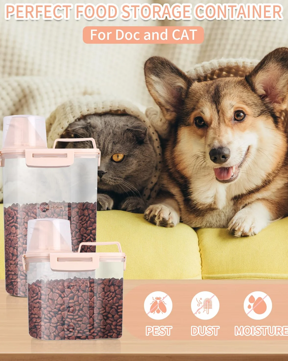 Jutyum 2 Contenedor Comida Perro 3+1.7L, Dosificador Detergente, Botes Almacenaje Cocina, Pienso Perros, Botes Hermeticos