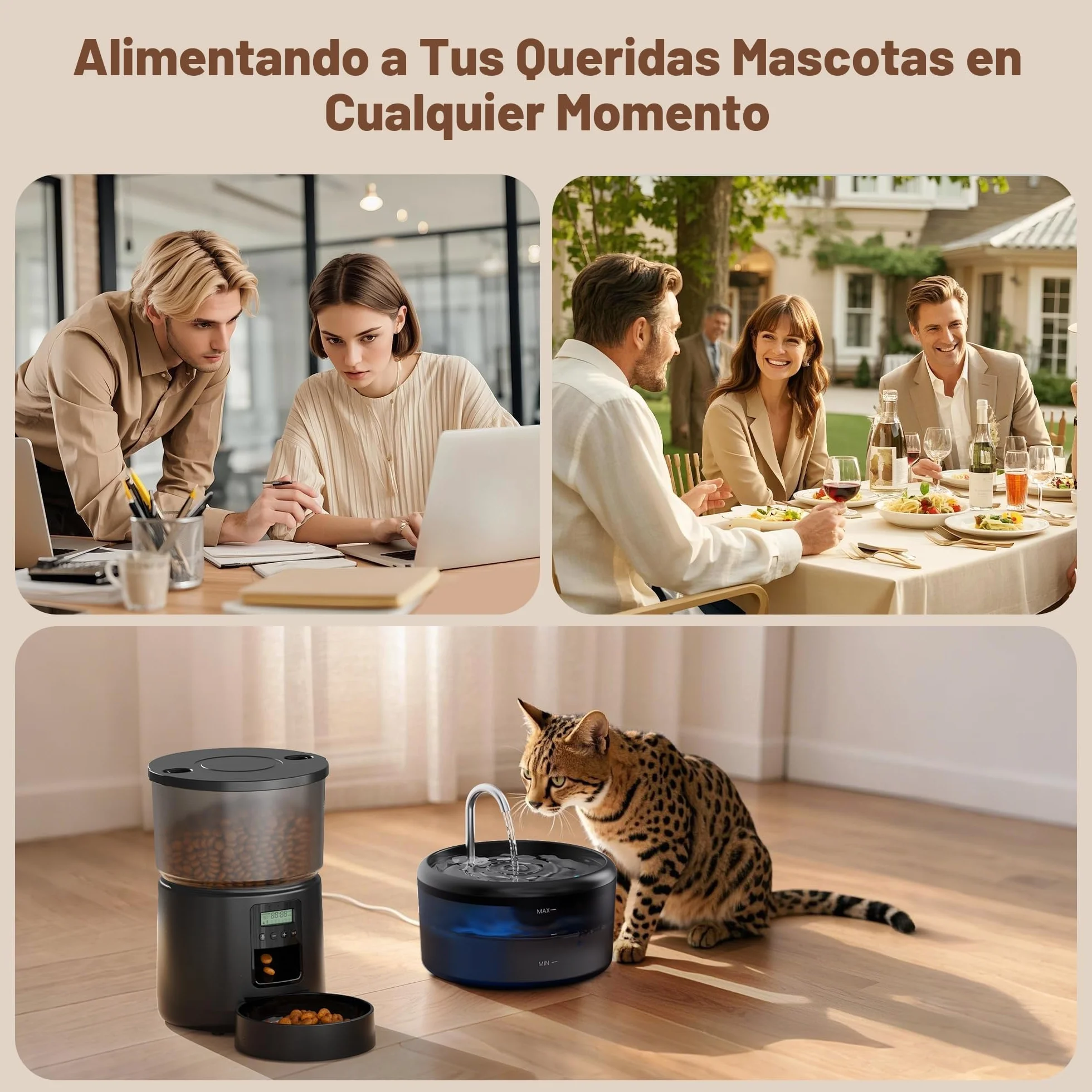 Comedero Gato Automatico y Fuente para Gatos: Dispensador Comida Gatos con Programable Temporizador 6 Comida al Día - 3L Alimentador Perro y 2.4L Bebedero para Pequeño/Mediano Mascota - 10S Grabación
