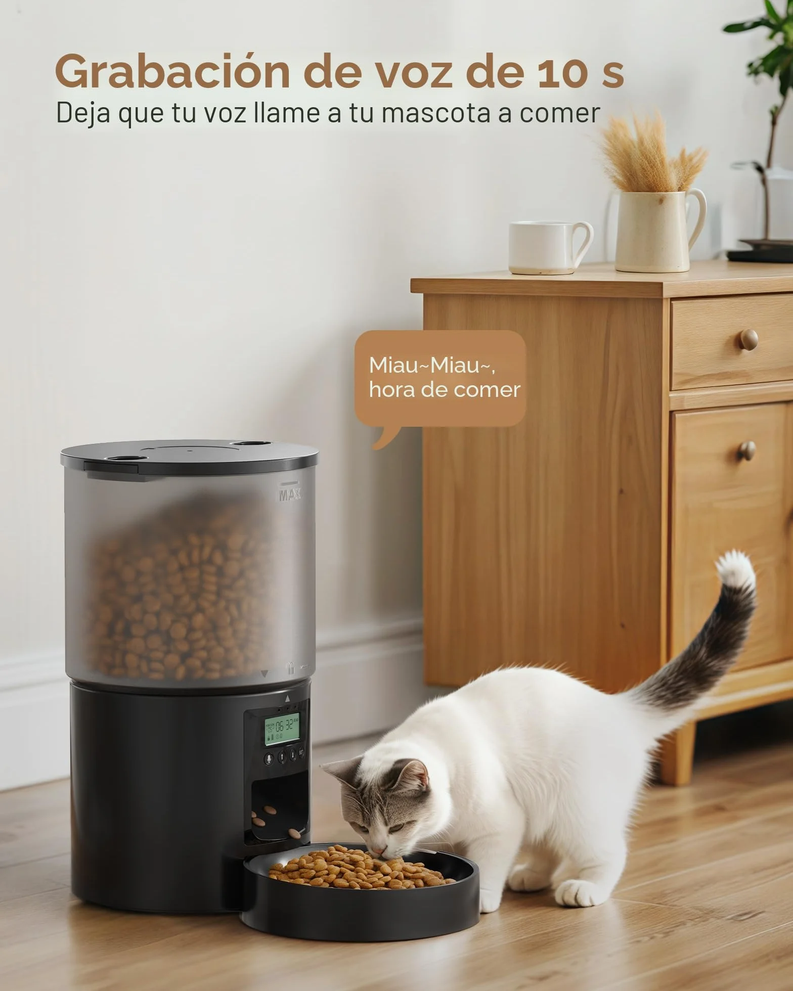 Comedero Gato Automatico Dispensador Comida: Pet Food Feeder con Temporizador Programable - 1-6 Comidas al DíA - Comedero con Presione la Tapa y Función de Grabación 10s - 4L Negro