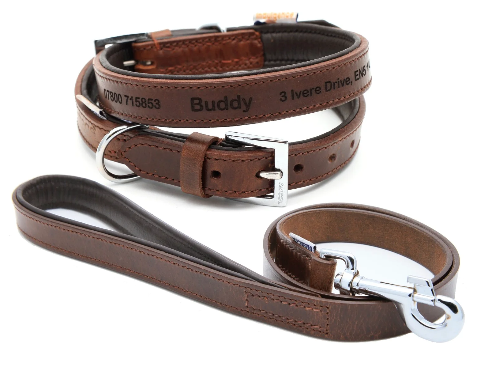 Collar Personalizado de Cuero Acolchado para Perros + Correa Opcional | Diseñe su Etiqueta de identificación única para su Perro | Grabado con láser - Tamaño 9, Correa Ancha