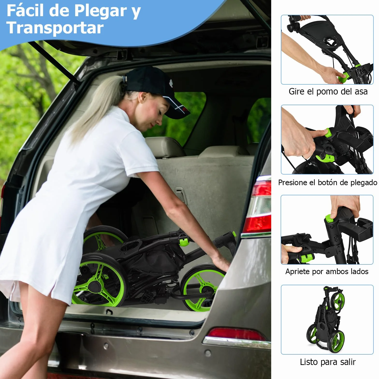 COSTWAY Carro de Golf Plegable 3 Ruedas con Bolsa Aluminio, Paraguas Regulable y Portavaso