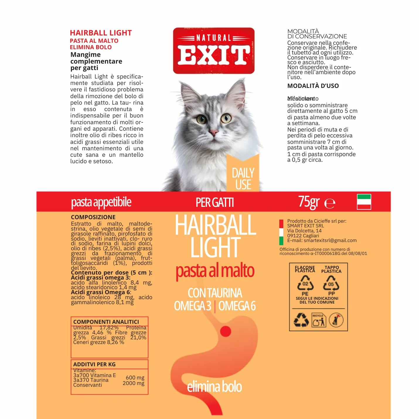 Pasta al malta para gatos, pasta antibolis para gatos, alimento complementario con Taurina Omega 2 y Omega 6, Hairball Light, tubo de 75 gramos
