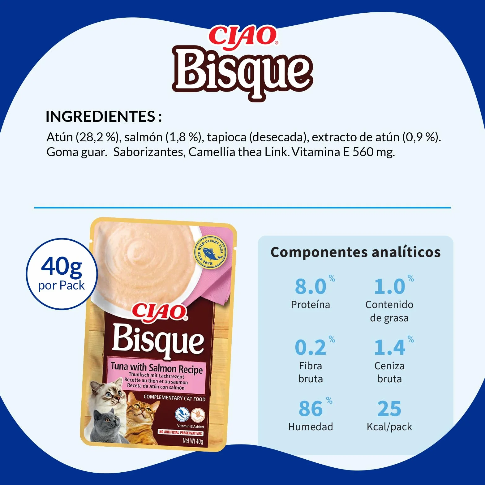 INABA Ciao Bisque - Puré Saludable para Gatos - Receta de Atún y Salmón - Snacks Saludables - Premios Sin Cereales, Sin Conservantes, Sin Colorantes - Sólo 16 Calorías - 40g