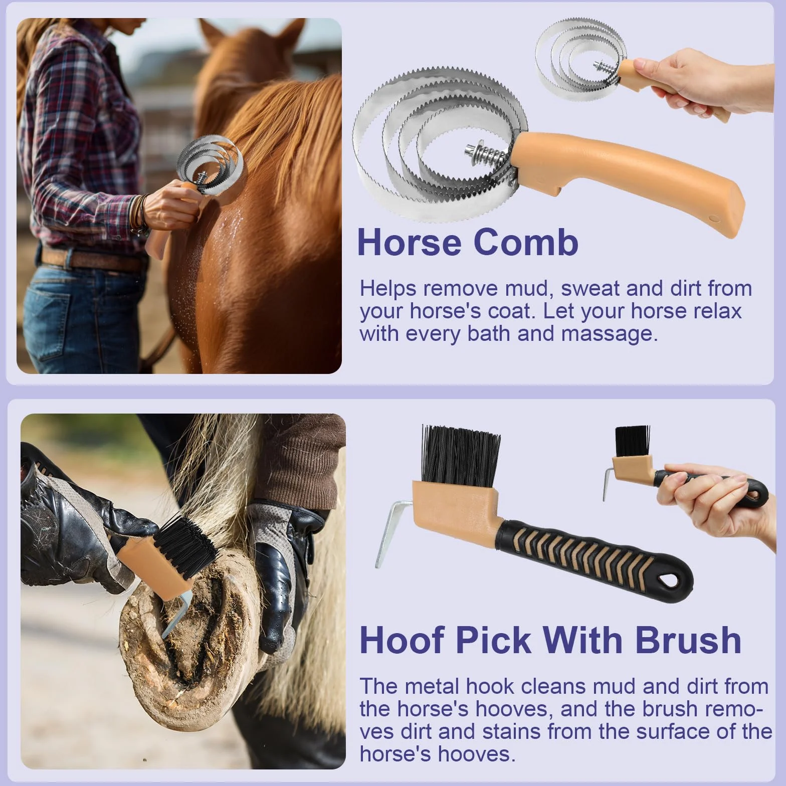 Kit de aseo para caballos de 13 piezas con 12 accesorios y 1 bolsa de almacenamiento, Serie Cuidado del Caballo, Amarillo, Cepillos para Caballos, Cepillos de Cerdas, Aseo, Accesorios de Aseo