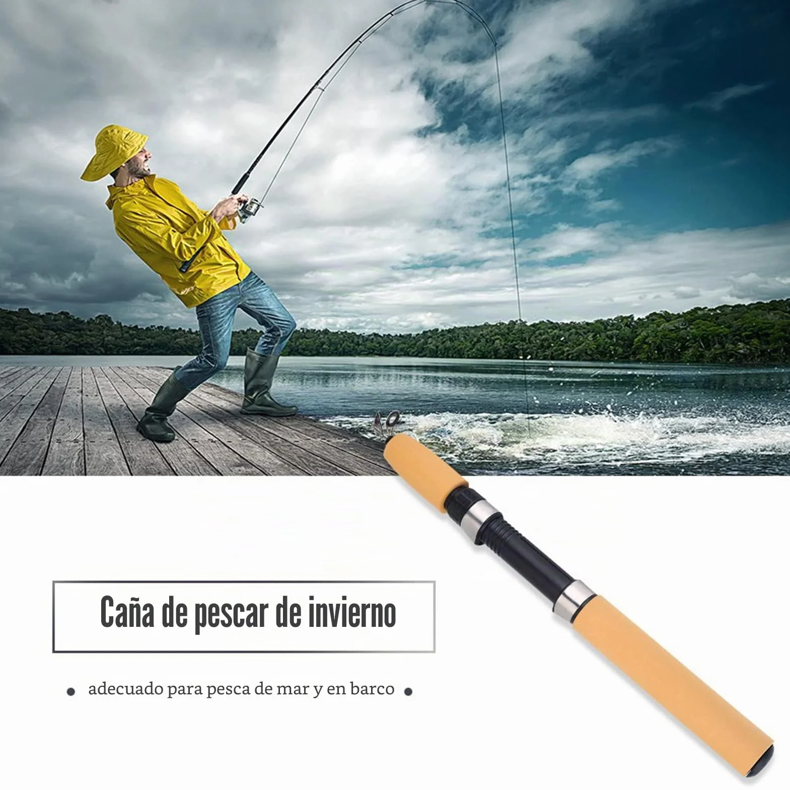 Caña de Pescar de Invierno 75 cm Retráctil Fibra de Vidrio Portátil