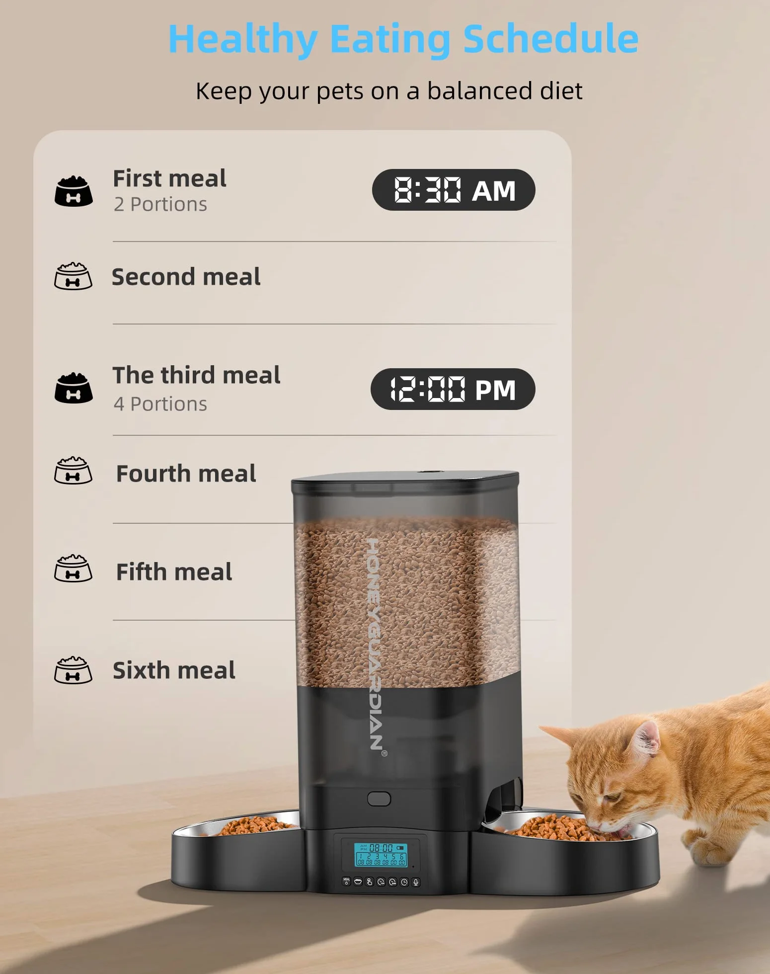 HoneyGuaridan Comedero Gato Automatico Doble, Dispensar Uniformemente, 5L Dispensador Comida Gatos y Perros con Grabación 10s en Diseño Sellado - hasta 6 Comidas al Día (Cuencos de Acero Inoxidable)