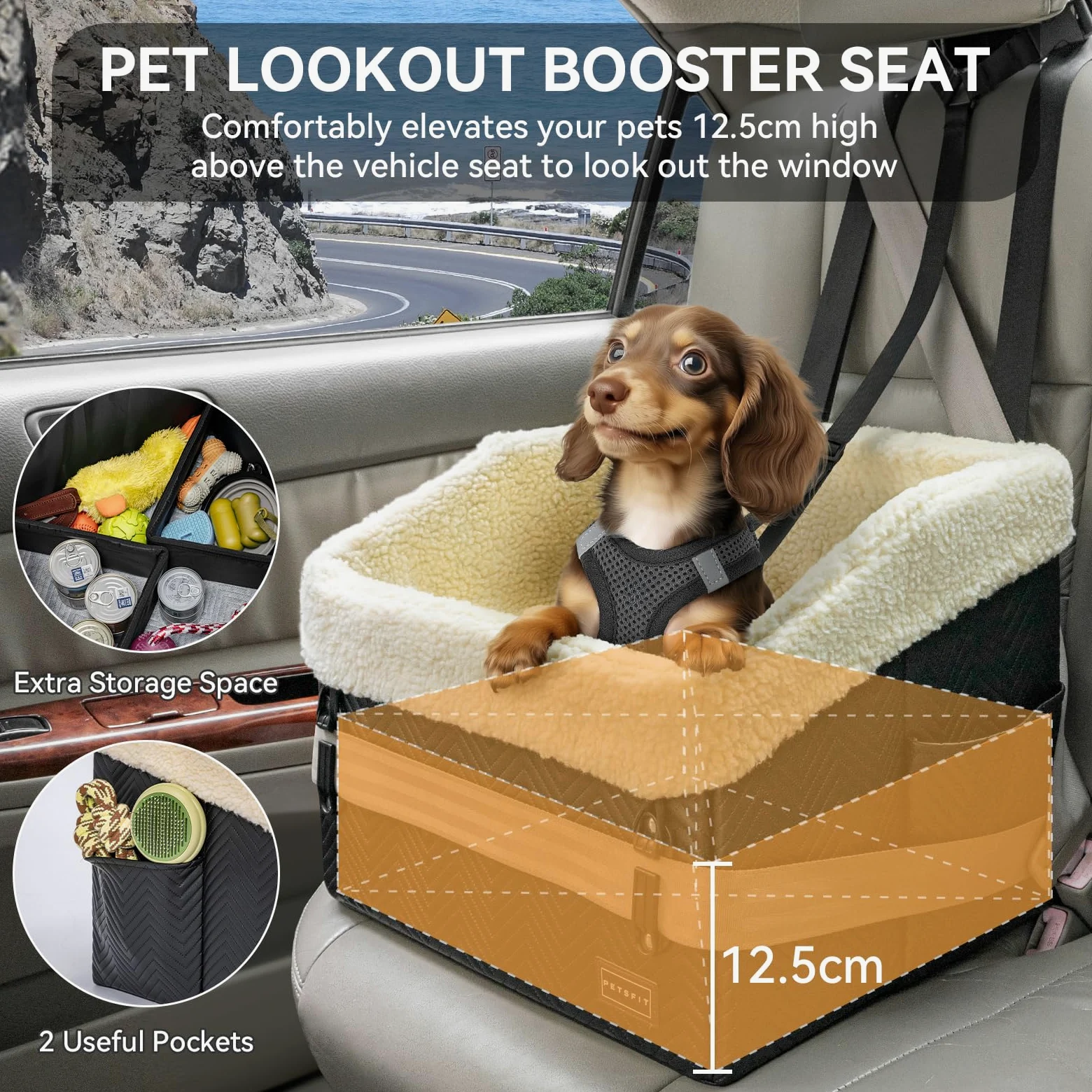 PETSFIT Asiento de Coche para Perros Pequeños (Ajustable 12,5cm) - Dog Car Seat Bed Sillas para Perros para Coche con Hebillas de Seguridad Patentadas