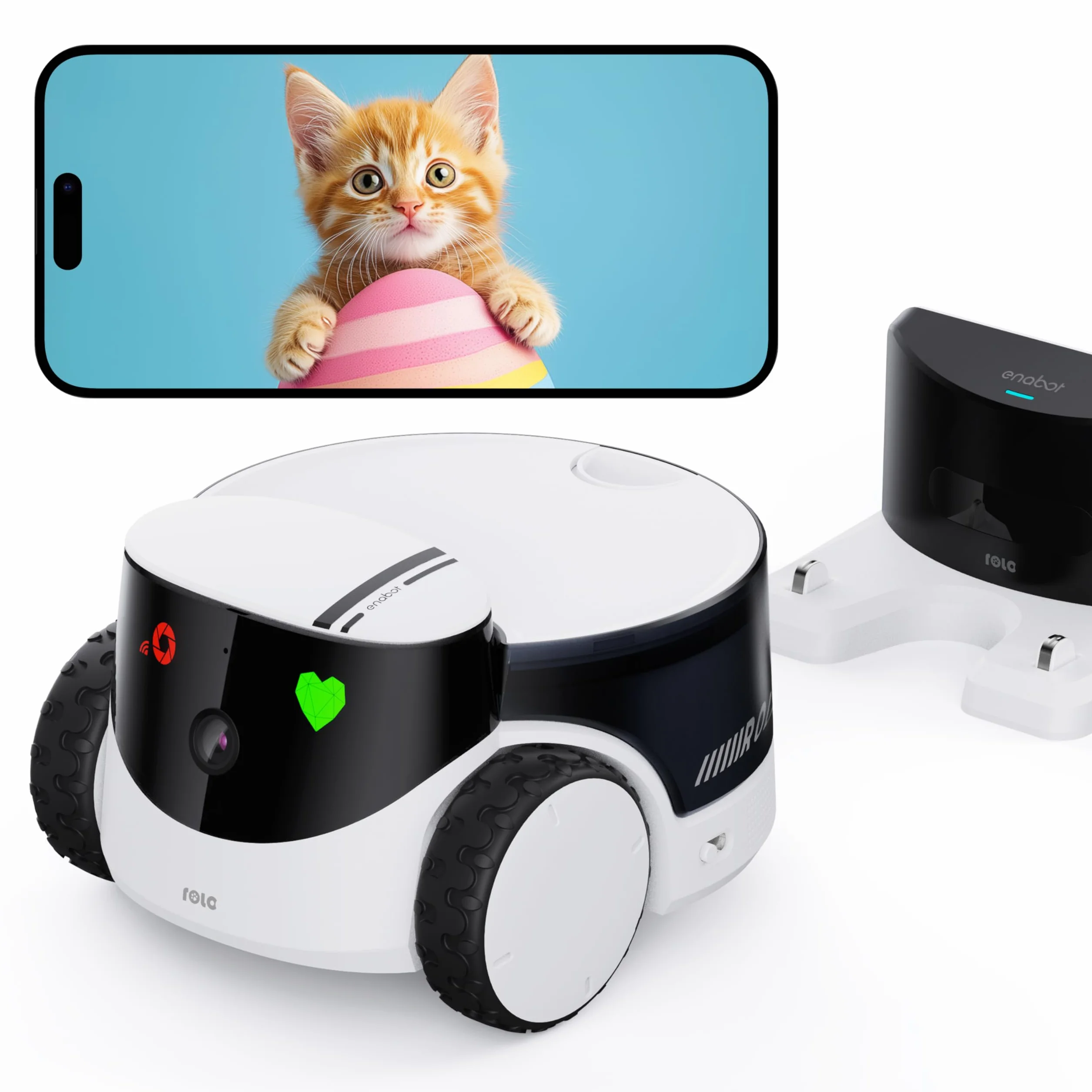 Enabot EBO ROLA PetPal 2.5K Cámara para gatos con módulo de almacenamiento, robot móvil Emo, visión nocturna, cámara inalámbrica para mascotas con la App EBO ROLA-PET, autocarga, audio de 2 vías