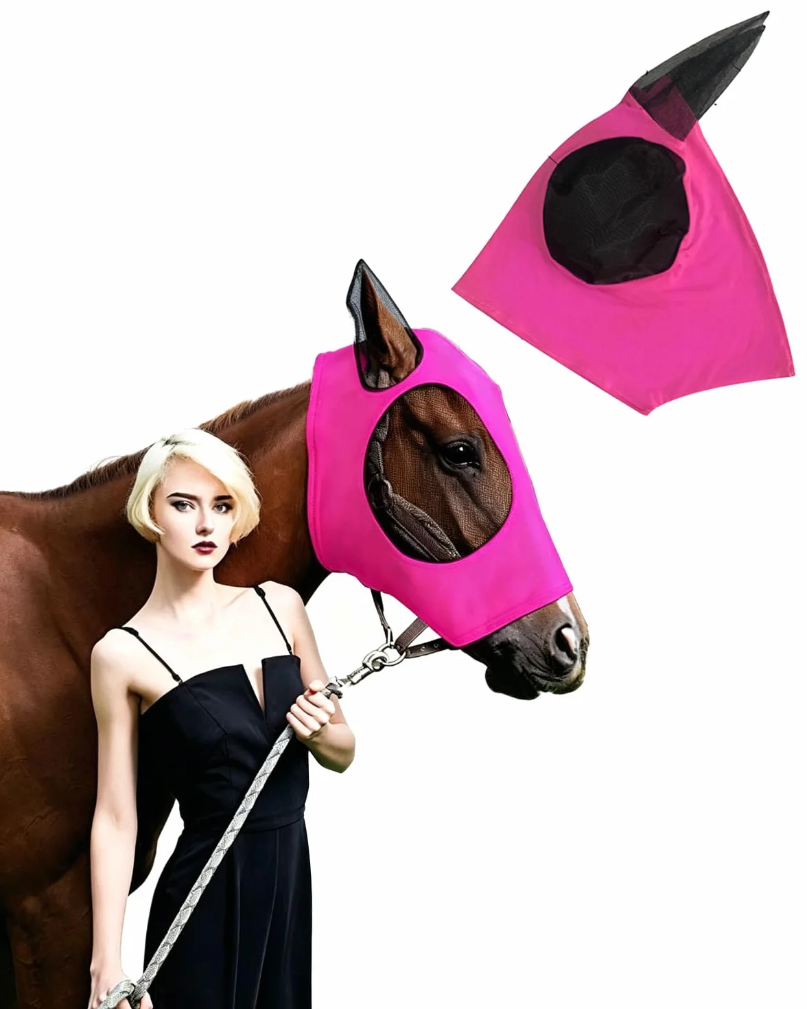 Máscara Anti-Moscas para Caballos Rosa Fucsia Protección UV con Orejeras Elásticas Transpirable