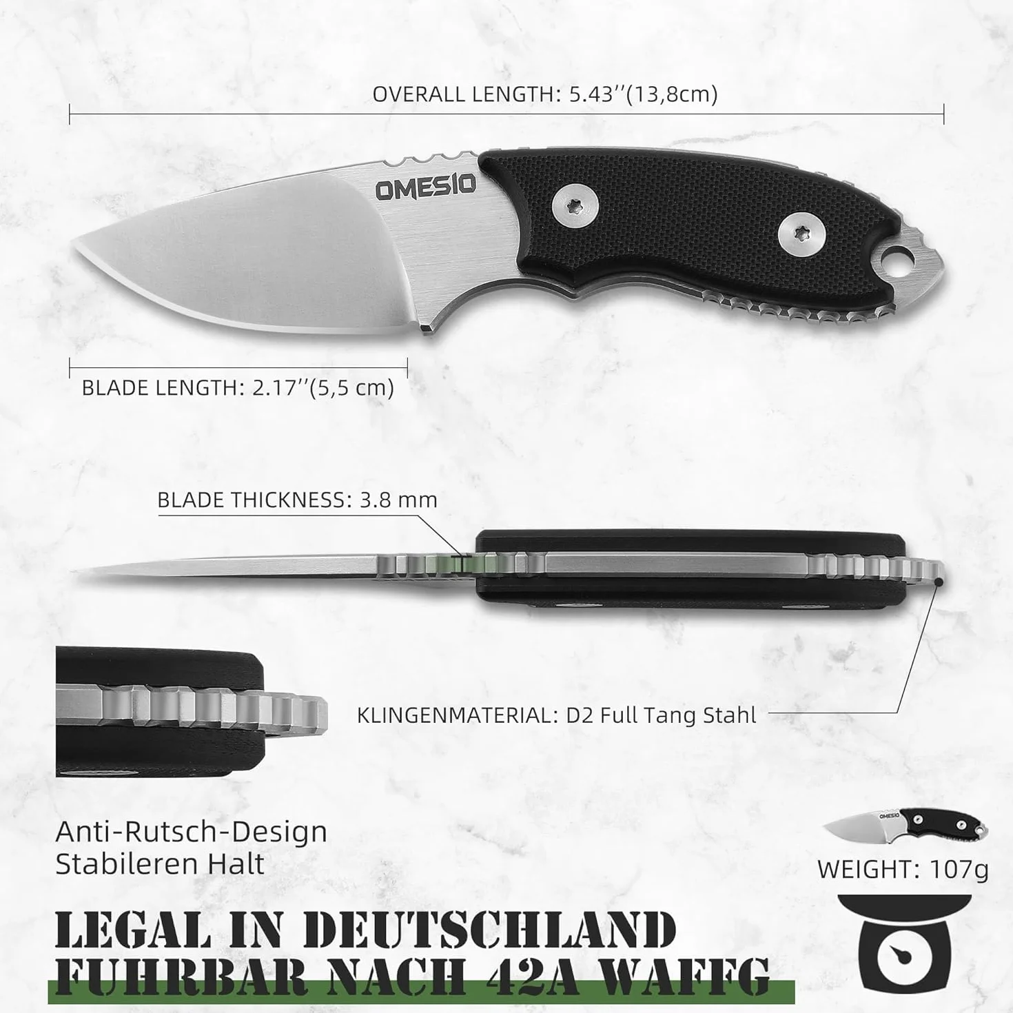 Omesio Cuchillo de cuello D2 acero 5.45 pulgadas con funda y collar