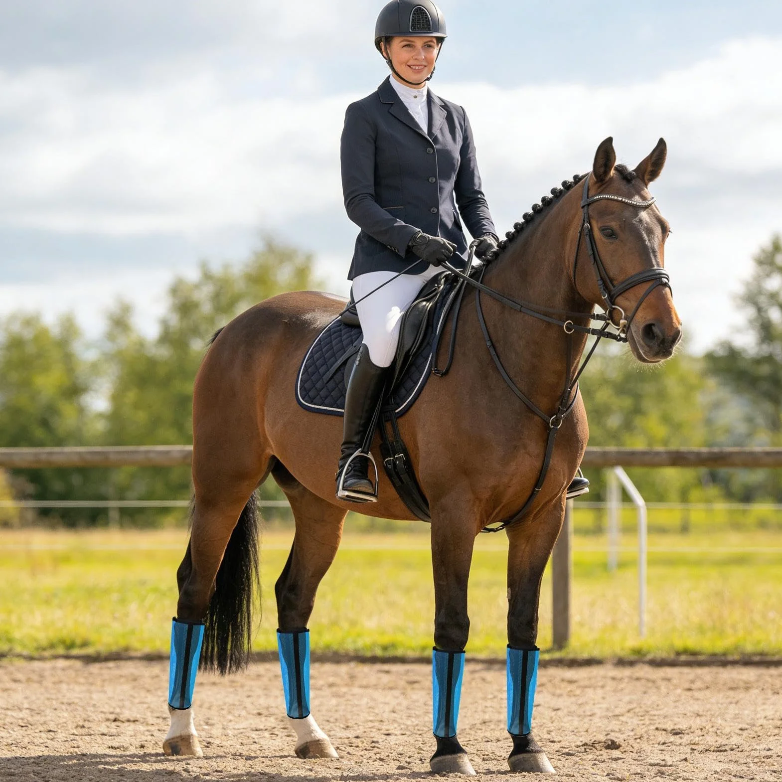 Botas contra moscas para caballos - Leggins de malla fina transpirable de 400 g | Protectores de malla ajustables y transpirables, 4 piezas, para pastos, carreras al aire libre, entrenamiento, competi