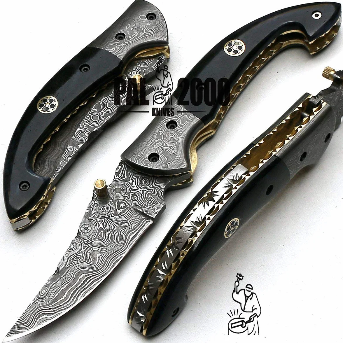 Cuchillo de bolsillo de acero damasco 7 cm hoja con funda