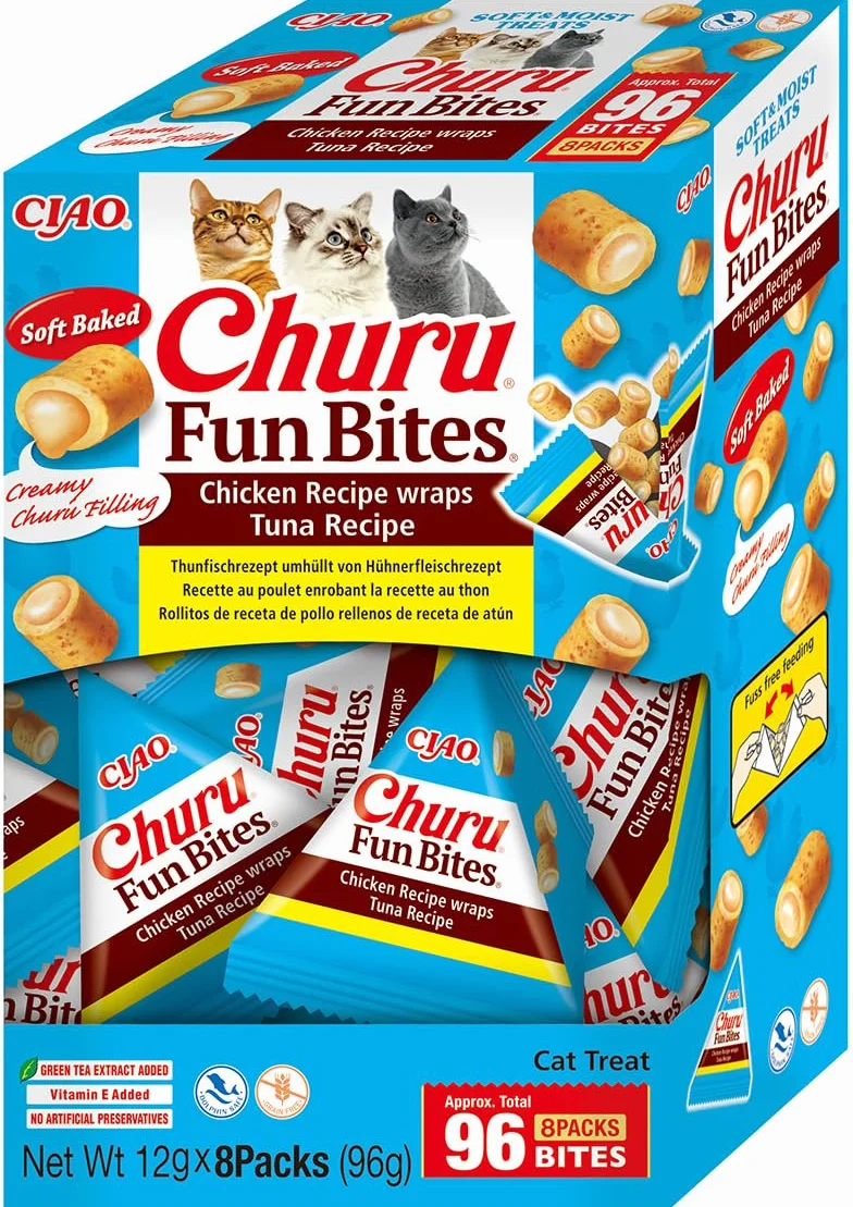 INABA Churu Fun Bites Snack para Gatos, bocados de Pollo con corazón de atún – 8 Paquetes de 12 g – Suave y cremoso – Comida para Gatos sin conservantes ni colorantes Artificiales, sin Granos