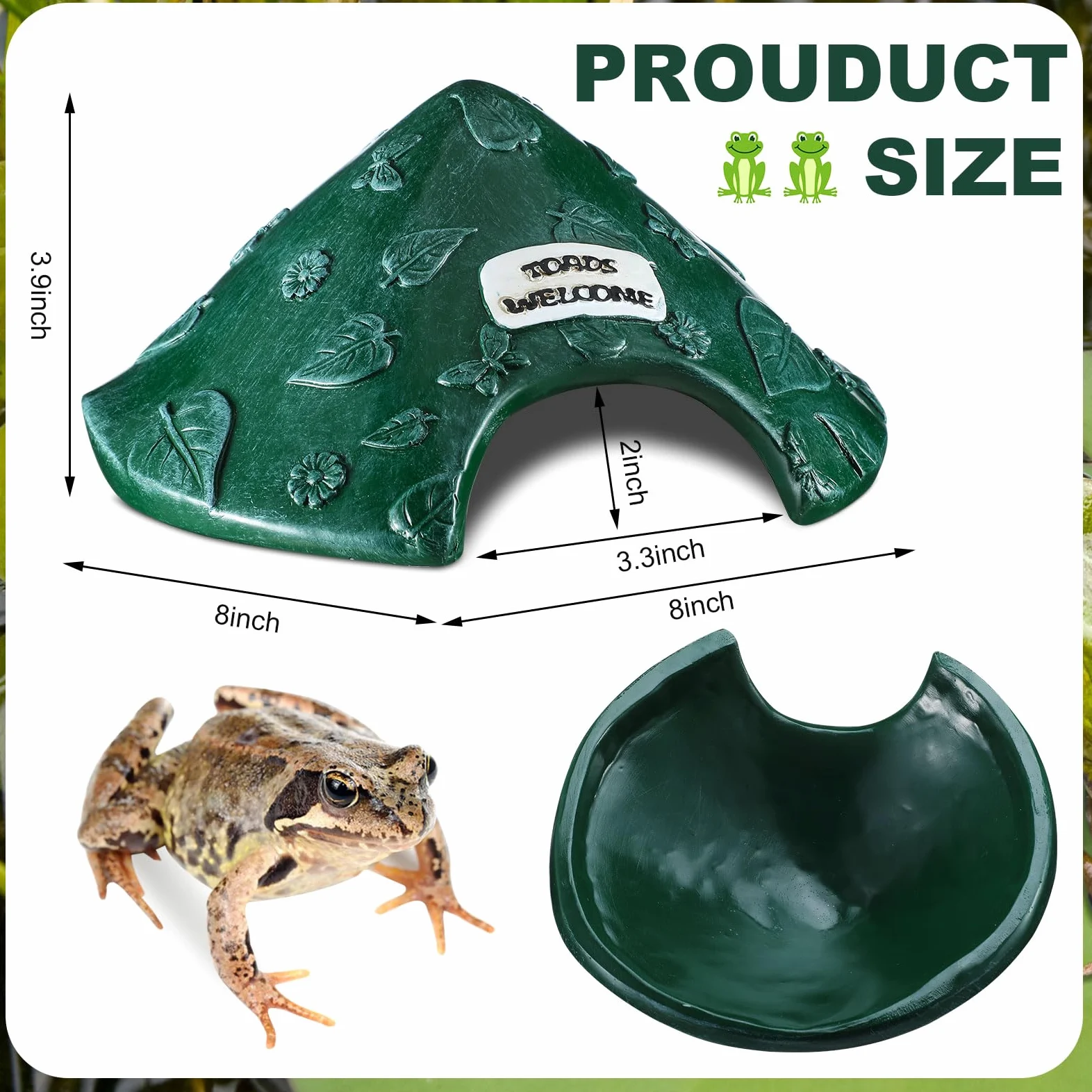 Casa de rana y sapo de resina, cueva para reptiles, 8 x 8 x 3.9 pulgadas, casa de sapo para jardín exterior, acuario, escondite para sapo, rana, tortuga, lagarto, araña y peces (verde)